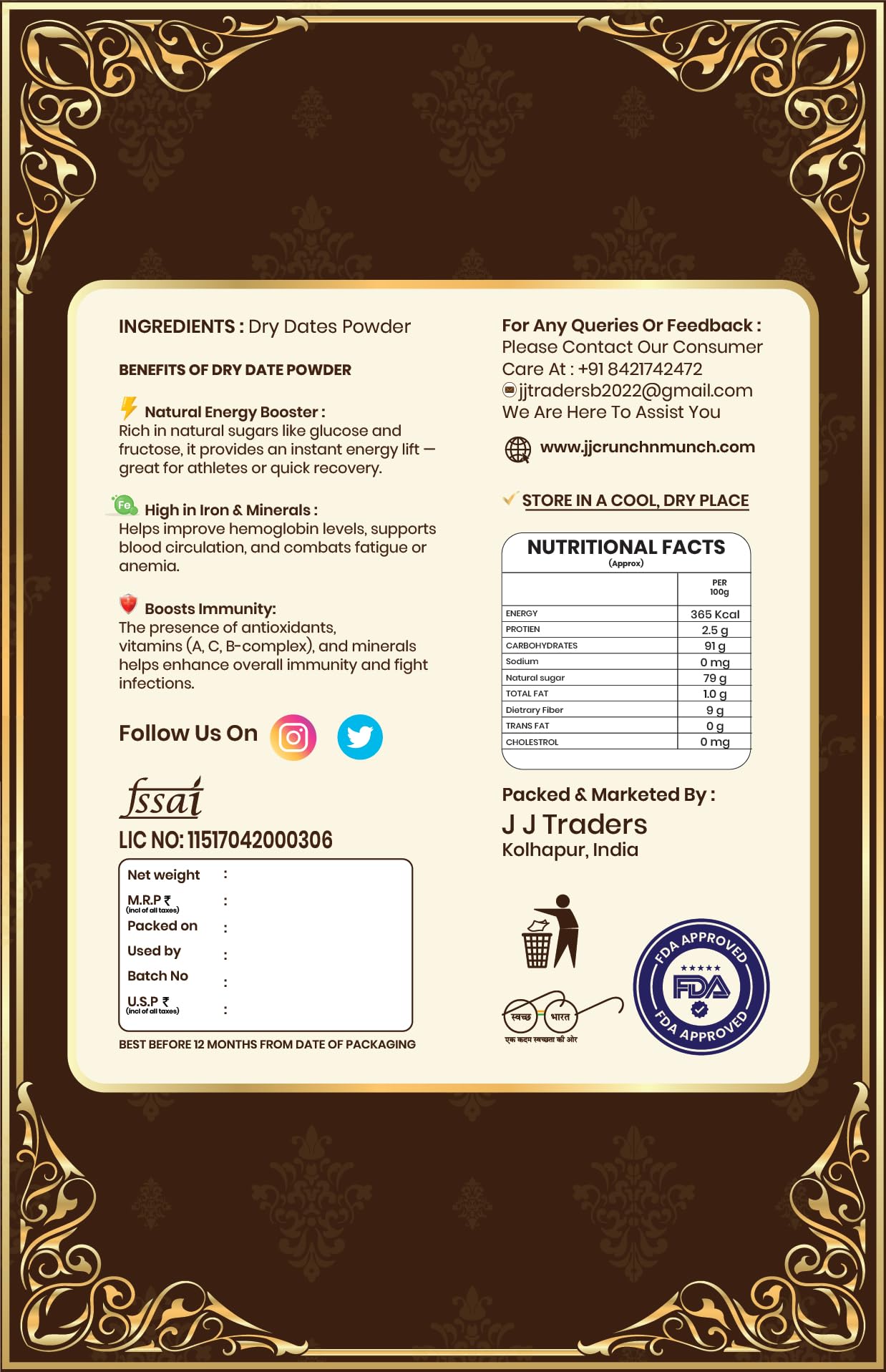 J J CRUNCH N MUNCH Arabian Date Powder 200 Gram – Kharik/Khajur Powder | Healthy Sugar Substitute | No Added Colour, Flavour or Preservatives | Rich in Fibre & Minerals
