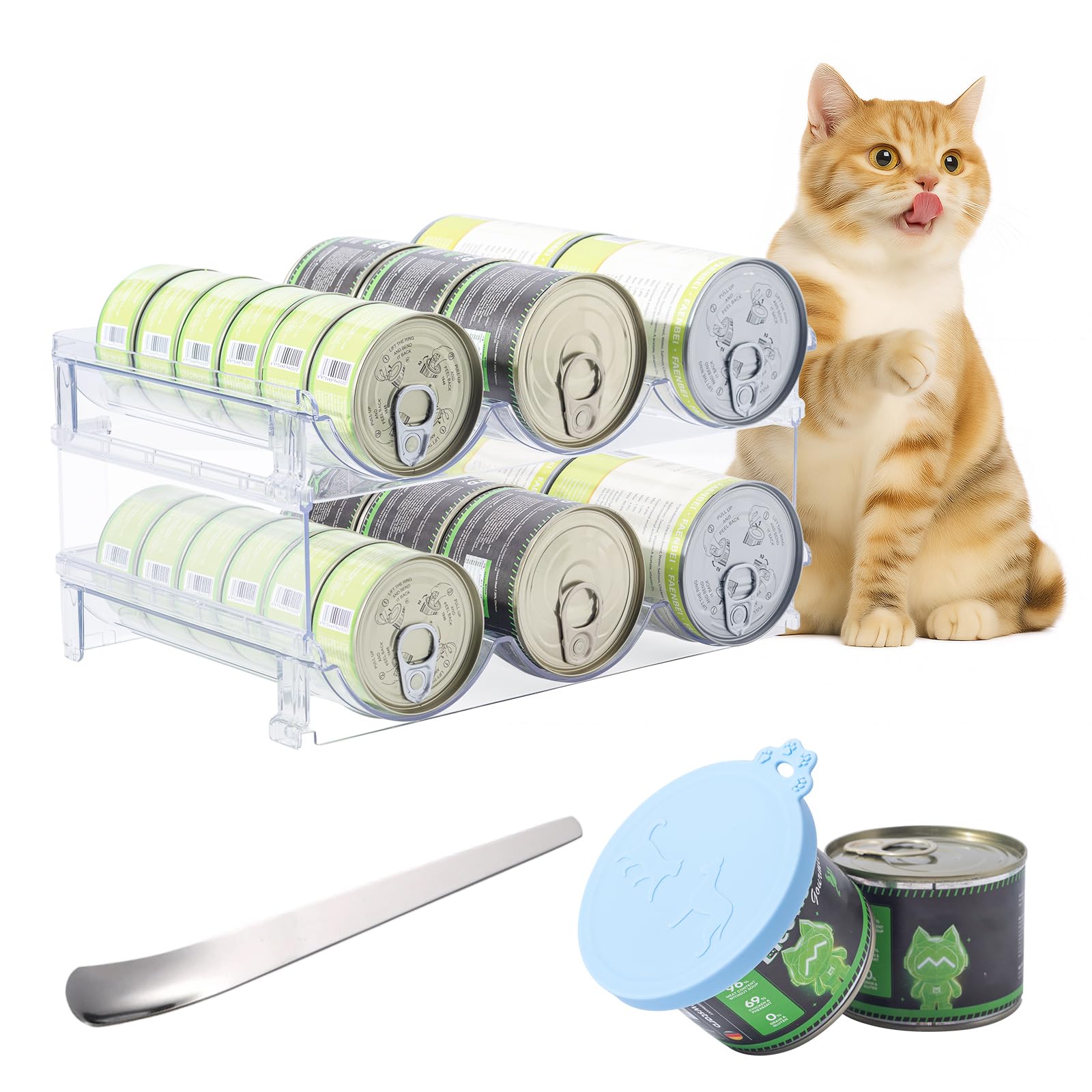 SLSON Katzenfutterdosen Organizer mit Dosendeckel und Edelstahllöffel,2 stöckig stapelbar,perfekt für Katzenfutterdosen speichern,Dosen-Organizer im Speisekammer
