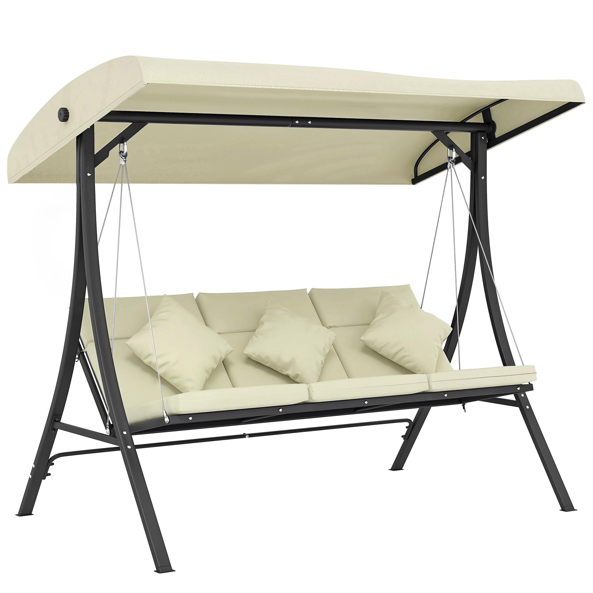 Outsunny Columpio de Jardín Exterior de 3 Plazas 202x115x168 cm Beige | Balancín de Jardín Exterior, Techo Ajustable, Cojines y Almohadas, Estructura de Acero, para Terraza y Patio, Carga 320 kg