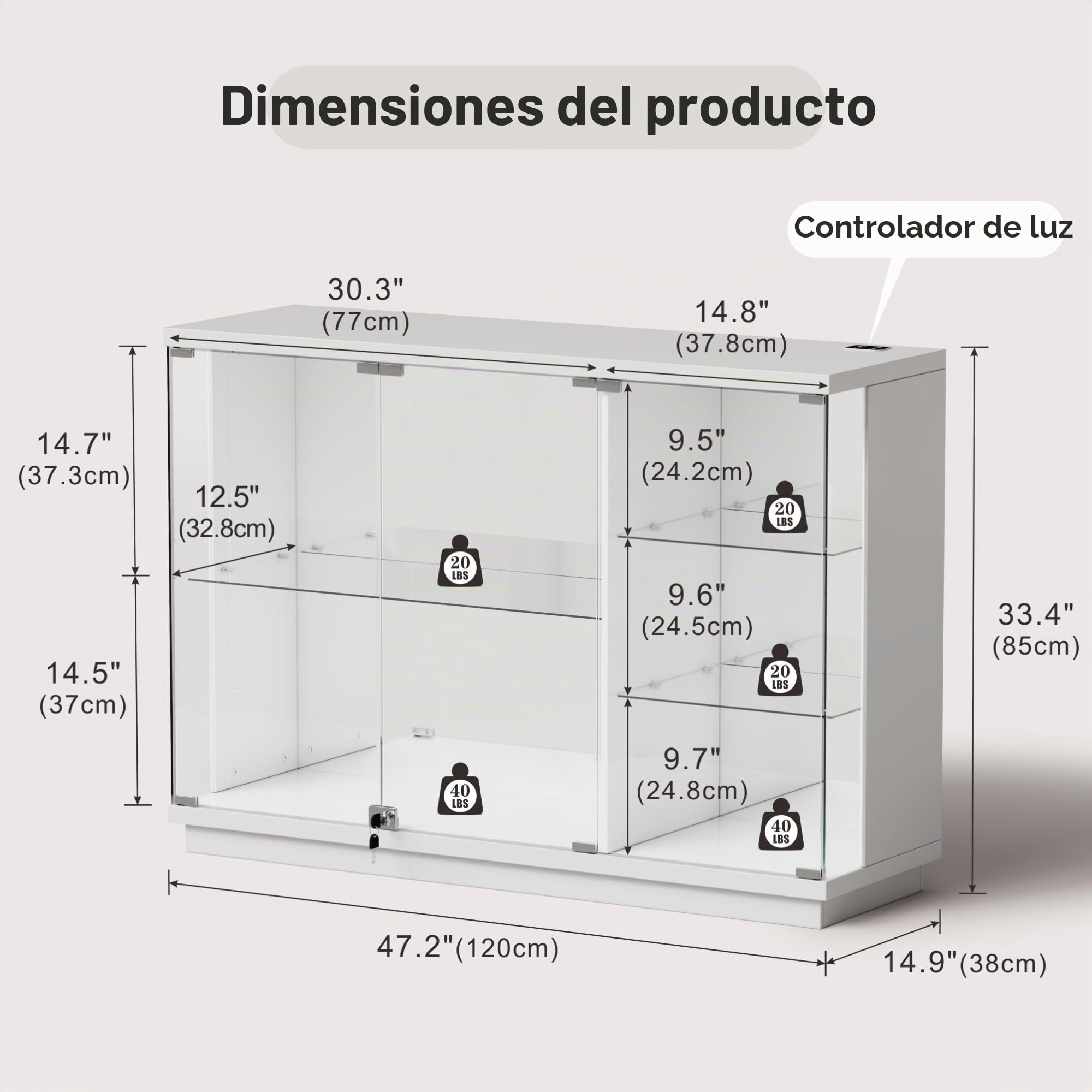 Lvifur Vitrina de cristal con iluminación LED y puertas de cristal, armario de vitrina de cristal, gabinete con sensor inteligente, vitrina de madera de 3 capas, resistente al polvo para salón