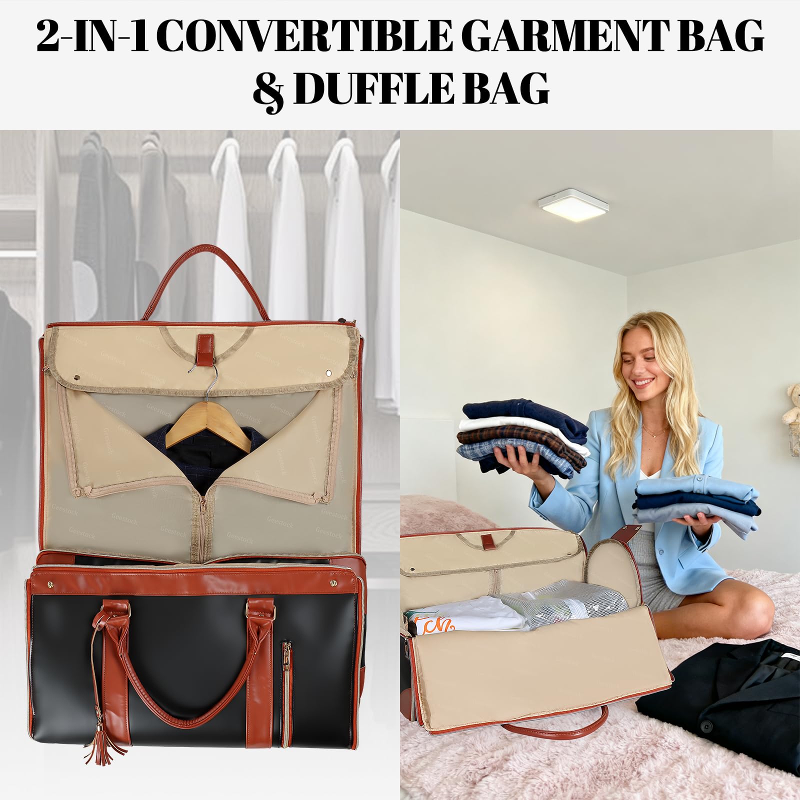 Geestock Sac à Vêtements pour Femme, Sac De Voyage Pliable, Sac de Costume Convertible avec Compartiment à Chaussures pour Voyages d'affaires, Mariages & Vacances (Noir)