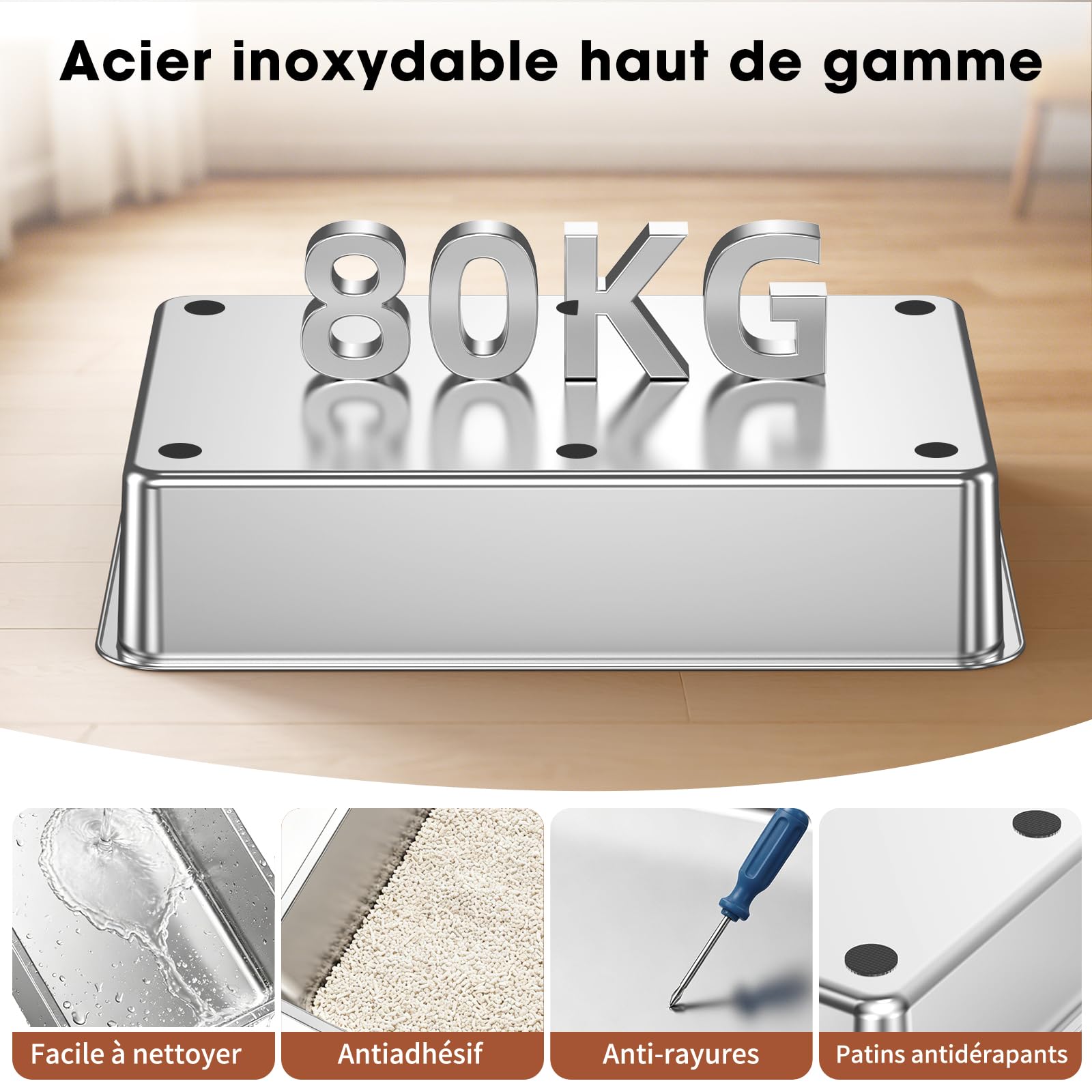 Bac à litière en INOX XXXL – Grand bac Ouvert pour Chat avec Bords Hauts et Panneaux Semi-Transparents, cuve Profonde Amovible pour Nettoyage Facile, antiadhésif, Anti-Fuite, Gris Clair