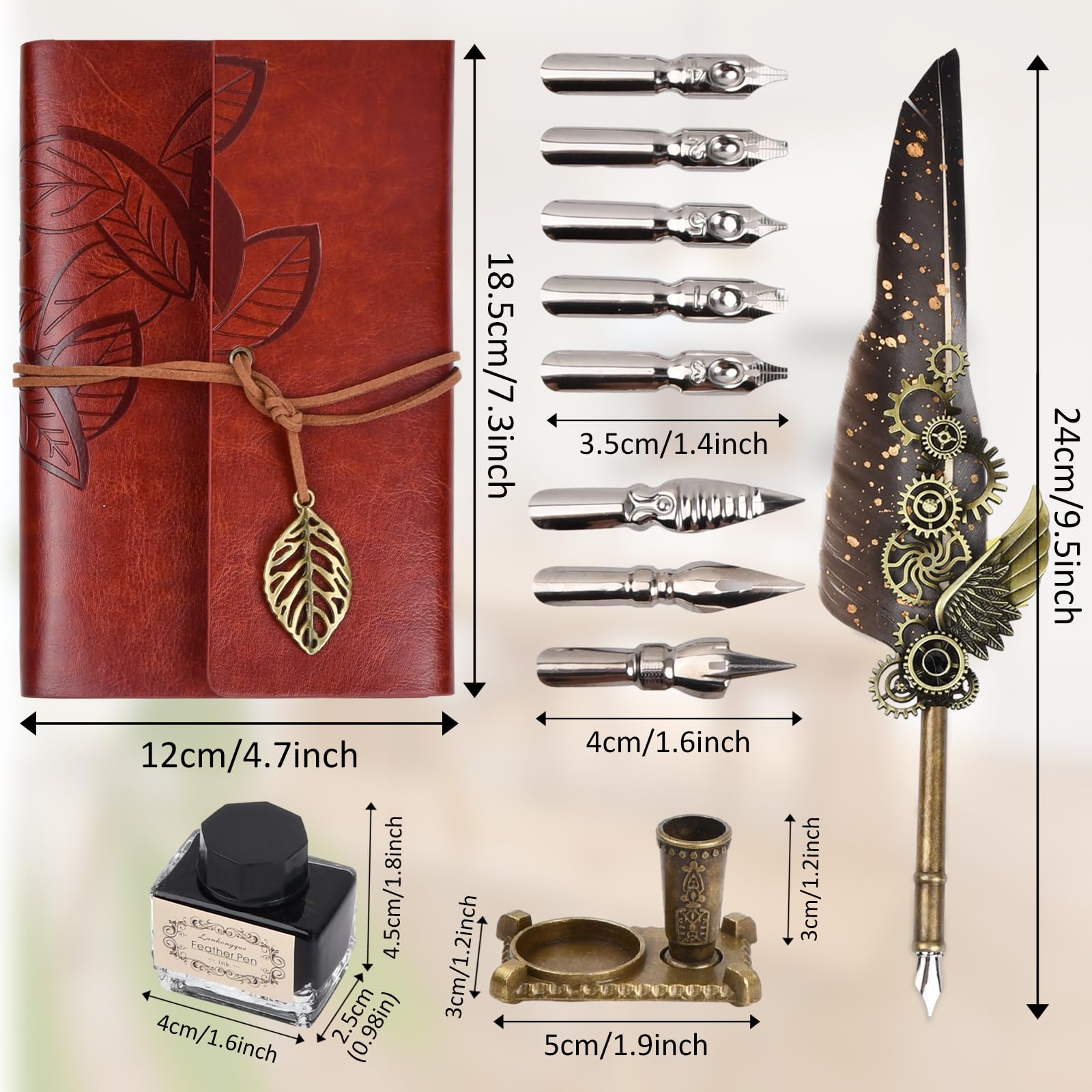 Pagezol Quill Pen and Ink Set, Feather Calligraphy Pen, Mechanical Gears & Wings Design, Dip Pen with 8 Replaceable Nibs - Image 2