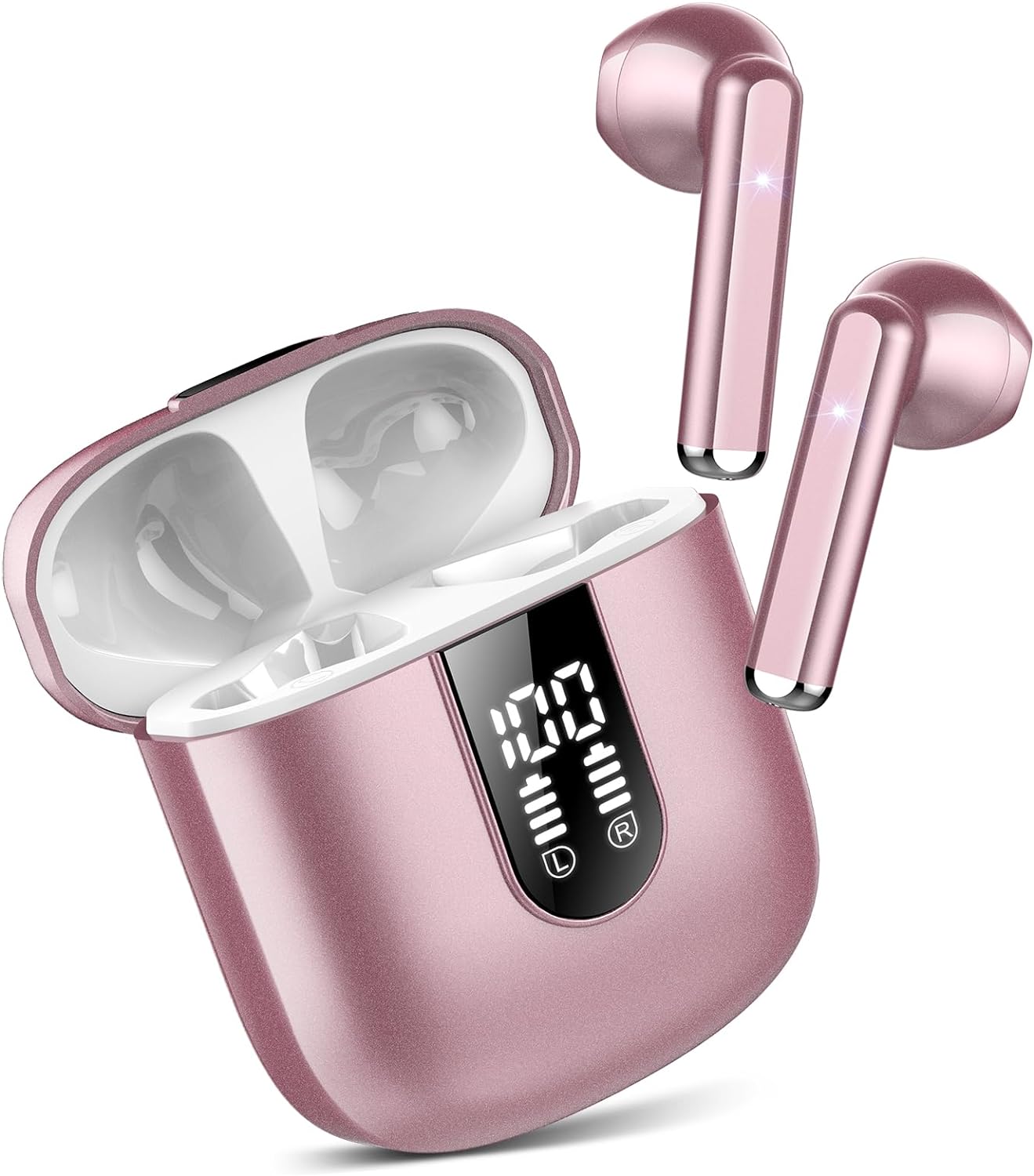 Wireless Earbuds, Bluetooth 5.3 Headphones HiFi Stereo, Mini in-Ear Bluetooth Earbuds, Wireless Earphones with 4 ENC Noise Cancelling Mic, IP7 Waterproof, LED Display, Touch Control Ear Buds,Rose Gold