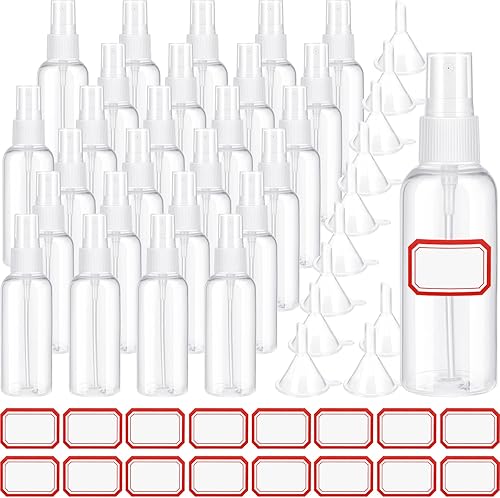 100 botellas de spray de 2.7 onzas 2.7fl oz, botella de spray pequeña, botellas de plástico de viaje con 10 embudos y 105 etiquetas vacías de