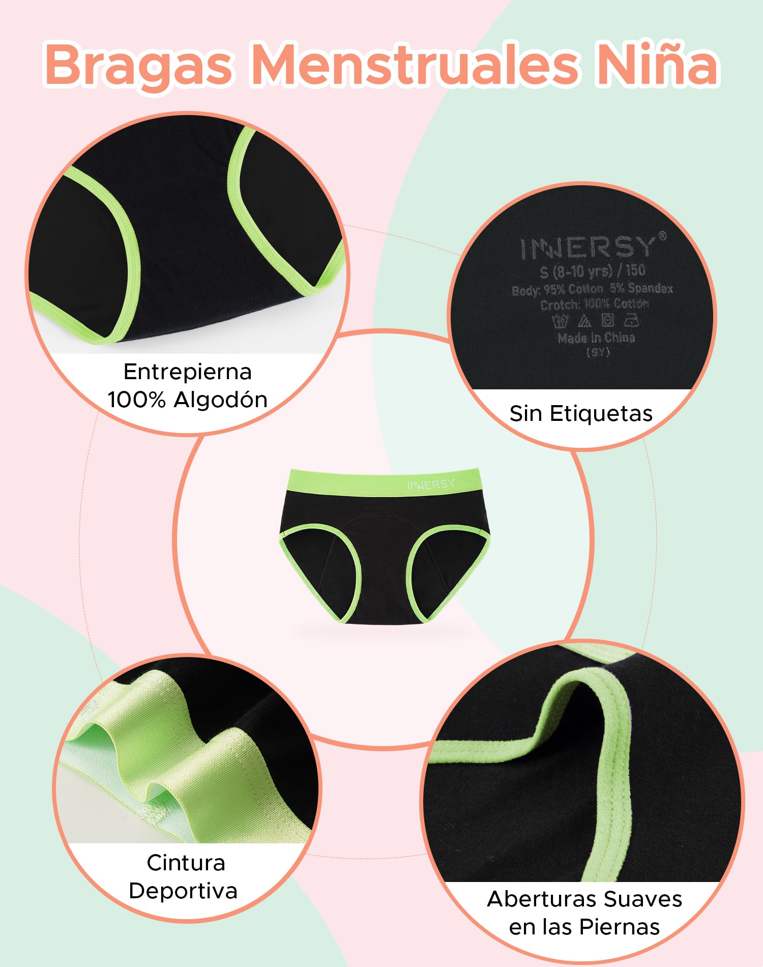 INNERSY Bragas Menstruales Reutilizables Algodón 3 Pack 8-16 Años