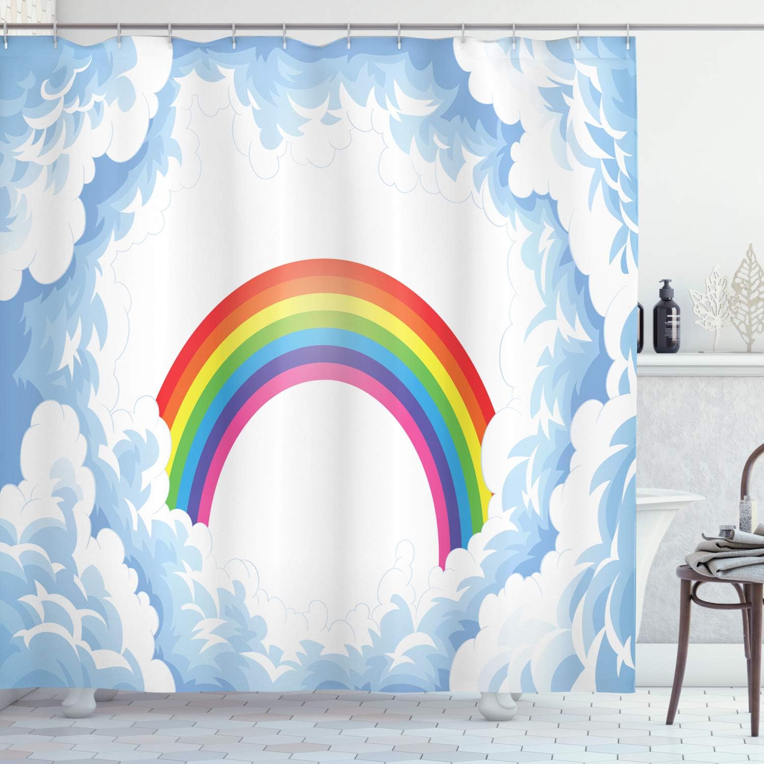 Ambesonne Cartoon Shower Curtain, Rainbow Above Fluffy Romantic Clouds Art Design, Cloth Fabric Bathroom Decor Set with Hooks, 69" W x 75" L, Pale Blue Yellow