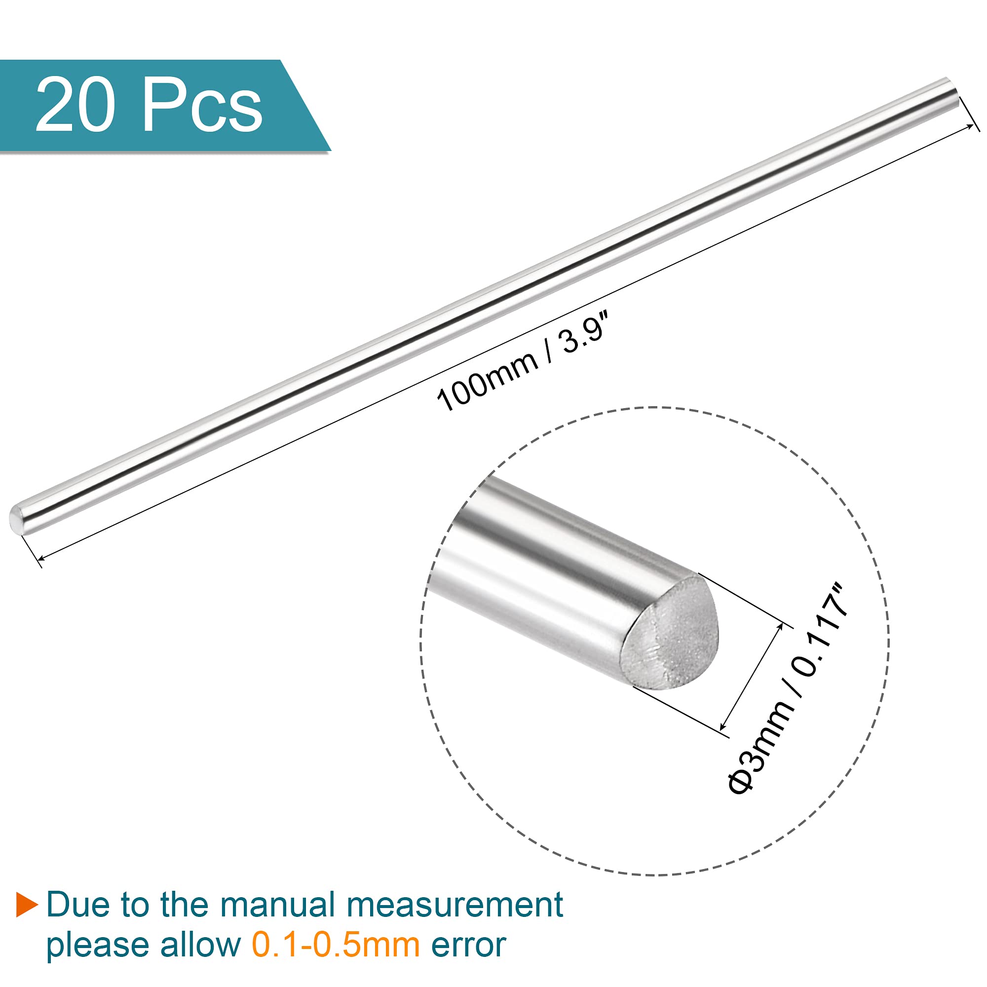 MECCANIXITY 304 Stainless Steel Round Rods Bar,3mm Diameter 100mm Length for Various Shaft DIY Craft Model Car Plane Ship Pack of 20