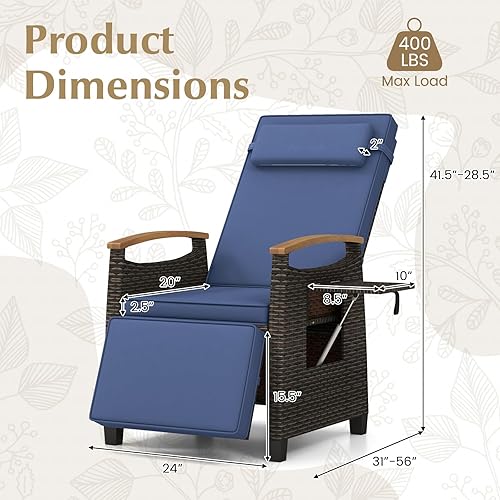 Miniatura 3 de RELAX4LIFE Silla reclinable de ratán para exteriores, tumbona de mimbre con respaldo ajustable y reposapiés, reposabrazos de madera de acacia, mesa