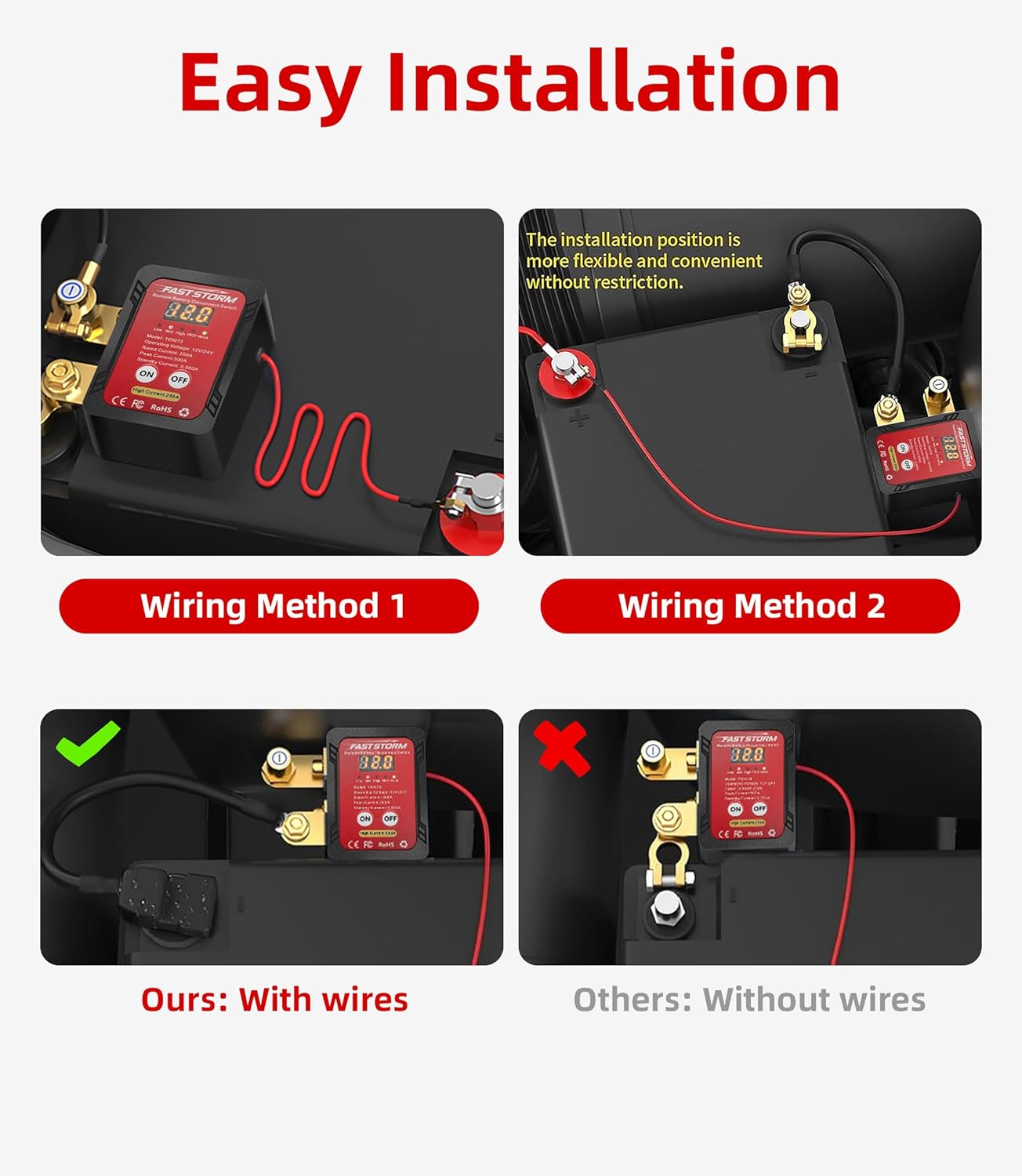 250A 12-24V Remote Battery Disconnect Switch with Extra Negative Battery Cable Led Voltage Display Car Anti Theft Kill Switch Automatic Battery Shut Off Switch