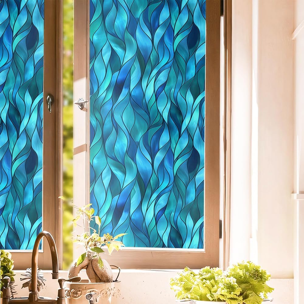 Teal Blue Green Leaf Geometric Mosaic Stained Glass Window Films Decorative Double-Side Privacy Film Self-Adhesive Static Window Clings for Living Room Bathroom Decor