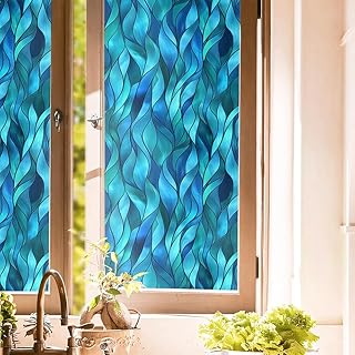 16“x118 Blue Abstract Marble Fluid Double Side Window Films Art Decorative Window Privacy Tinting Film Self-Adhesive Static Glass Window Clings Stickers for Living Room Bathroom Glass Windows Decor