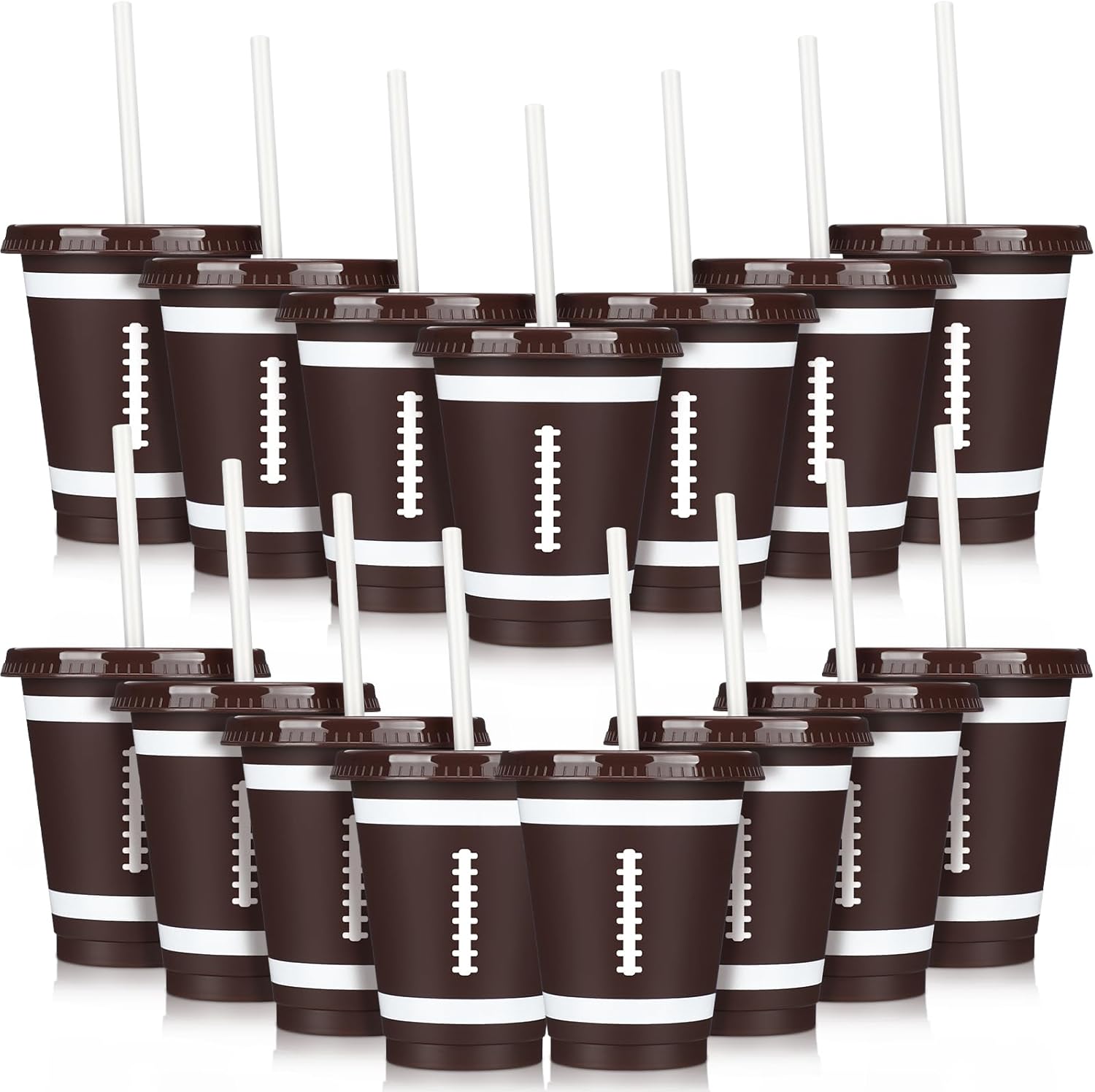 Domensi 20 Pieces Plastic Cups with Lid and Straw Reusable Tumbler Party Plastic Cups 16 oz Party Supplies Favors for Game Sport Birthday(Football)