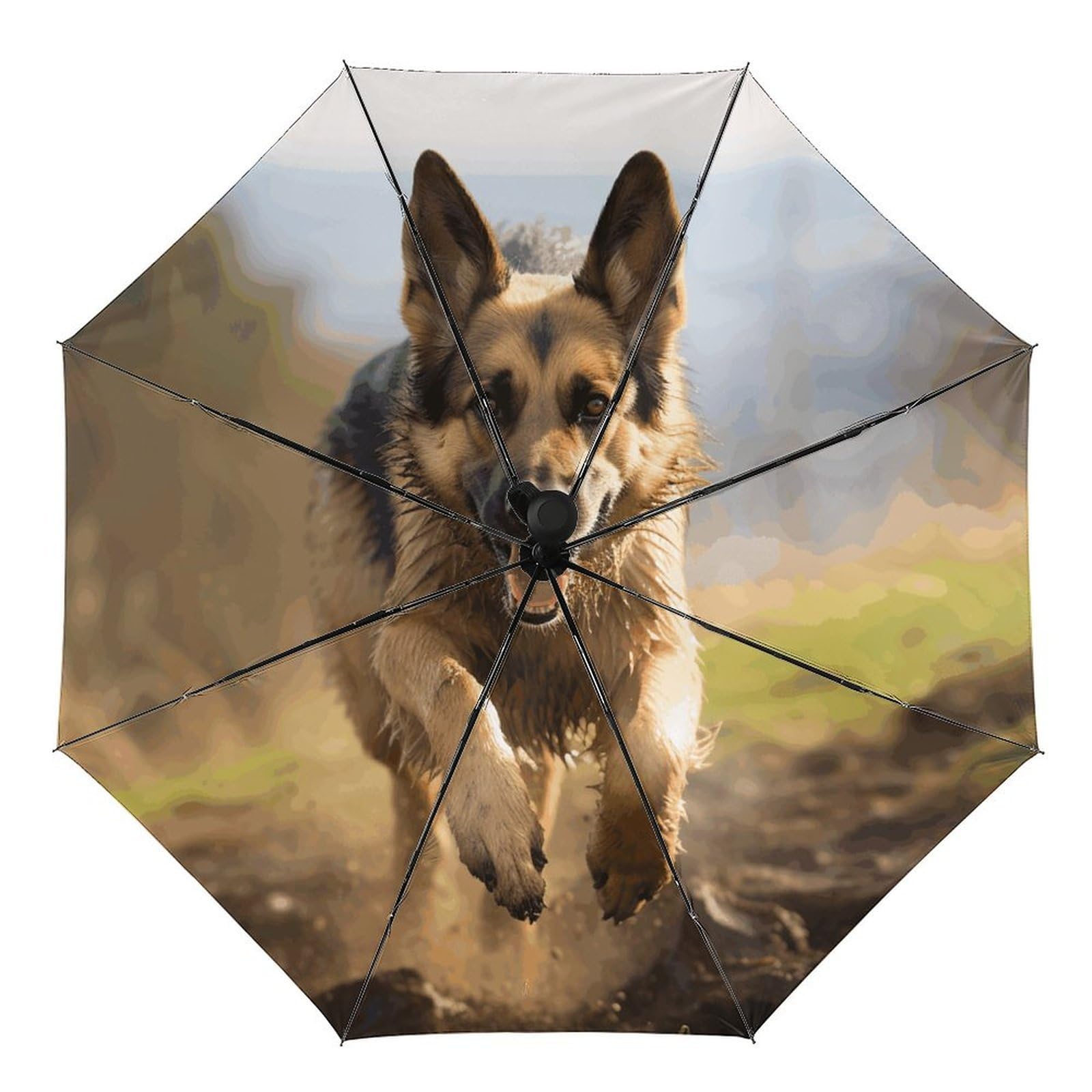BVKWNTSA Fully Automatic Black Vinyl Running German Shepherd Dog Printed Umbrella for Sunny And Rainy Days. Sun Protection for Summer Outings. A Caring Companion for Worry-free Sunny And Rainy Days.