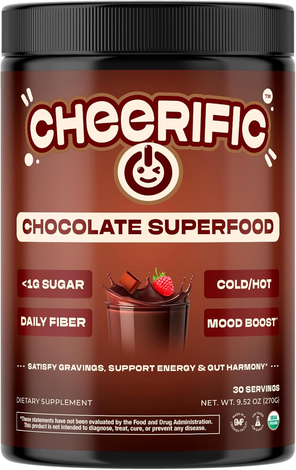Dark Chocolate Superfood Powder - 17 Organic Superfoods + Prebiotic & Probiotics + More - Keto Friendly - Supports Positive Mood, Gut Health - Vegan, Gluten Free, Non-GMO - 30 Day Supply