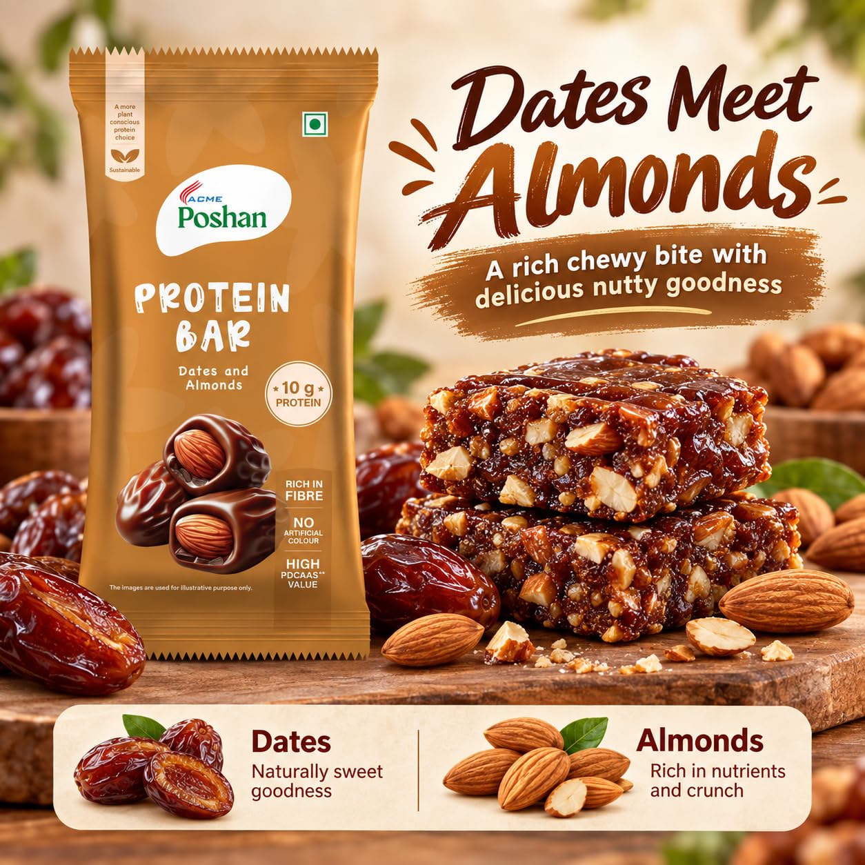 Acme Poshan Protein Bar - Dates & Almonds (Pack of 6) | 10g Yeast & Soya Protein per Bar | Healthy Snack - 300g — Amazon image 5