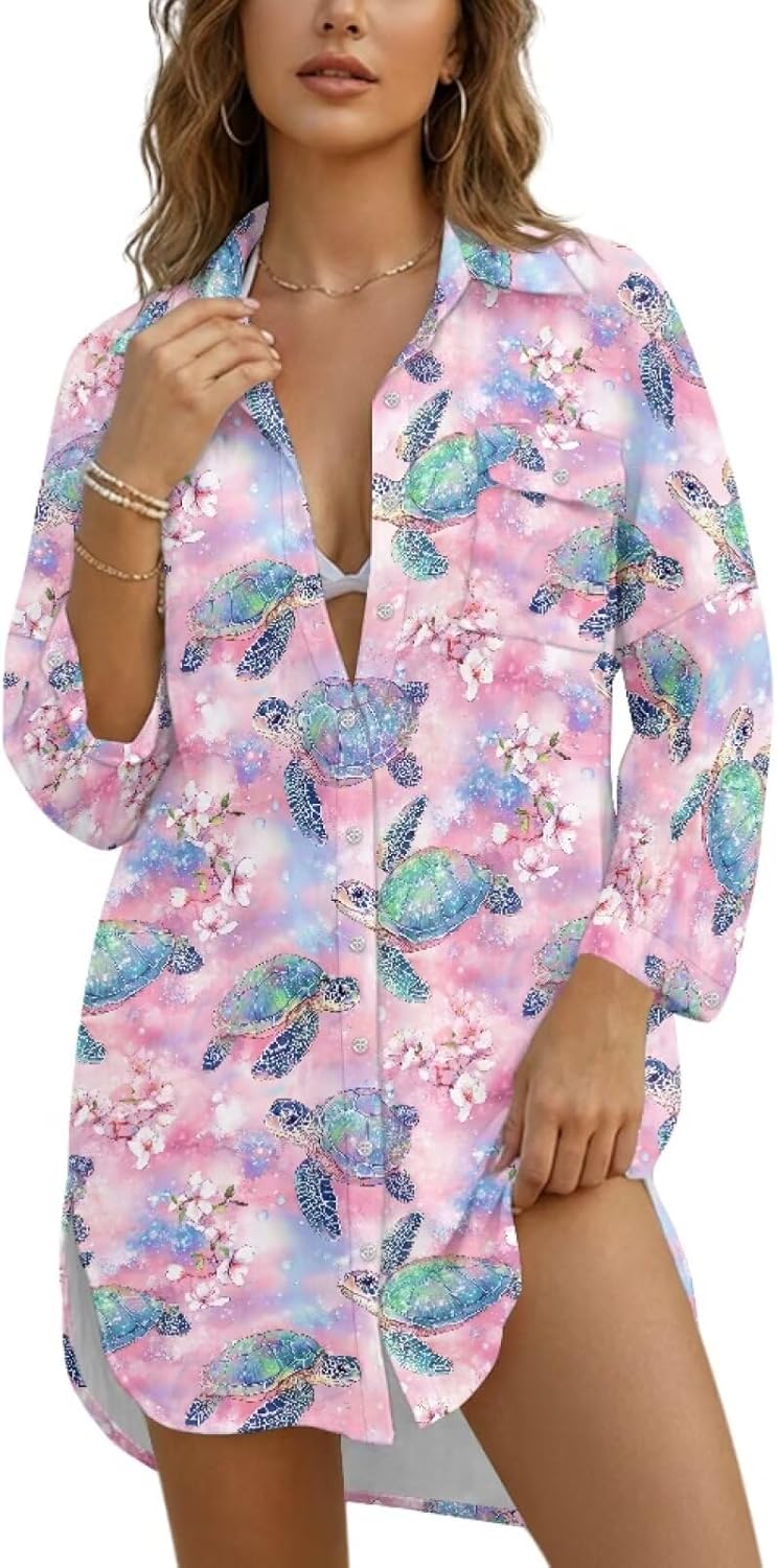 Swim Cover Up for Women T-Shirt Dress with Pocket Beach Button Up Shirt Women Bathing Suit Cover Up Shirt