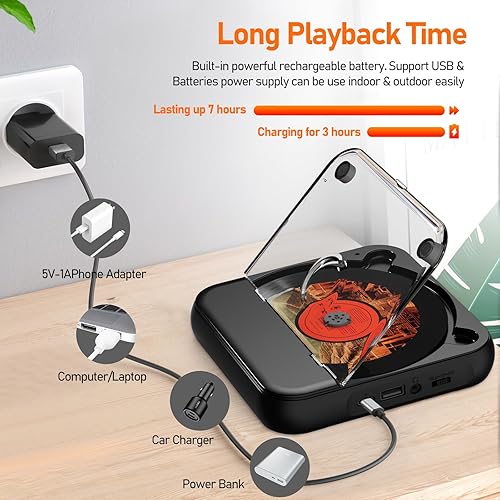 Miniatura 5 de Reproductor de CD portátil con reproductor de CD Bluetooth para el hogar, pequeño reproductor de CD recargable con auriculares, pantalla táctil LCD,