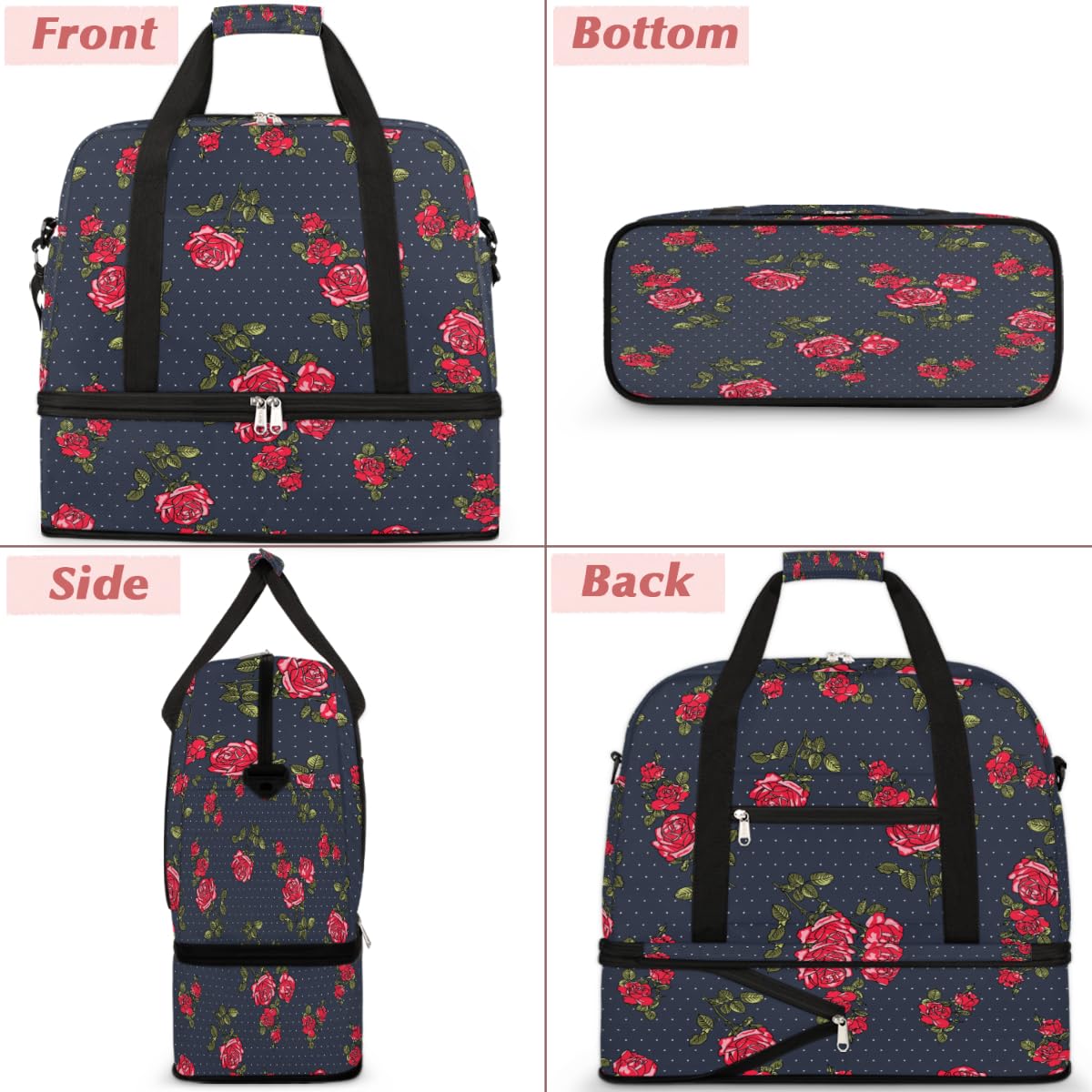 Bolsa de viaje plegable con diseño de lunares de rosas de 47 litros, bolsa de fin de semana con funda de carrito, bolsa de hombro separada para deportes, gimnasio, viajes, multicolor, 47L, Bolsa de