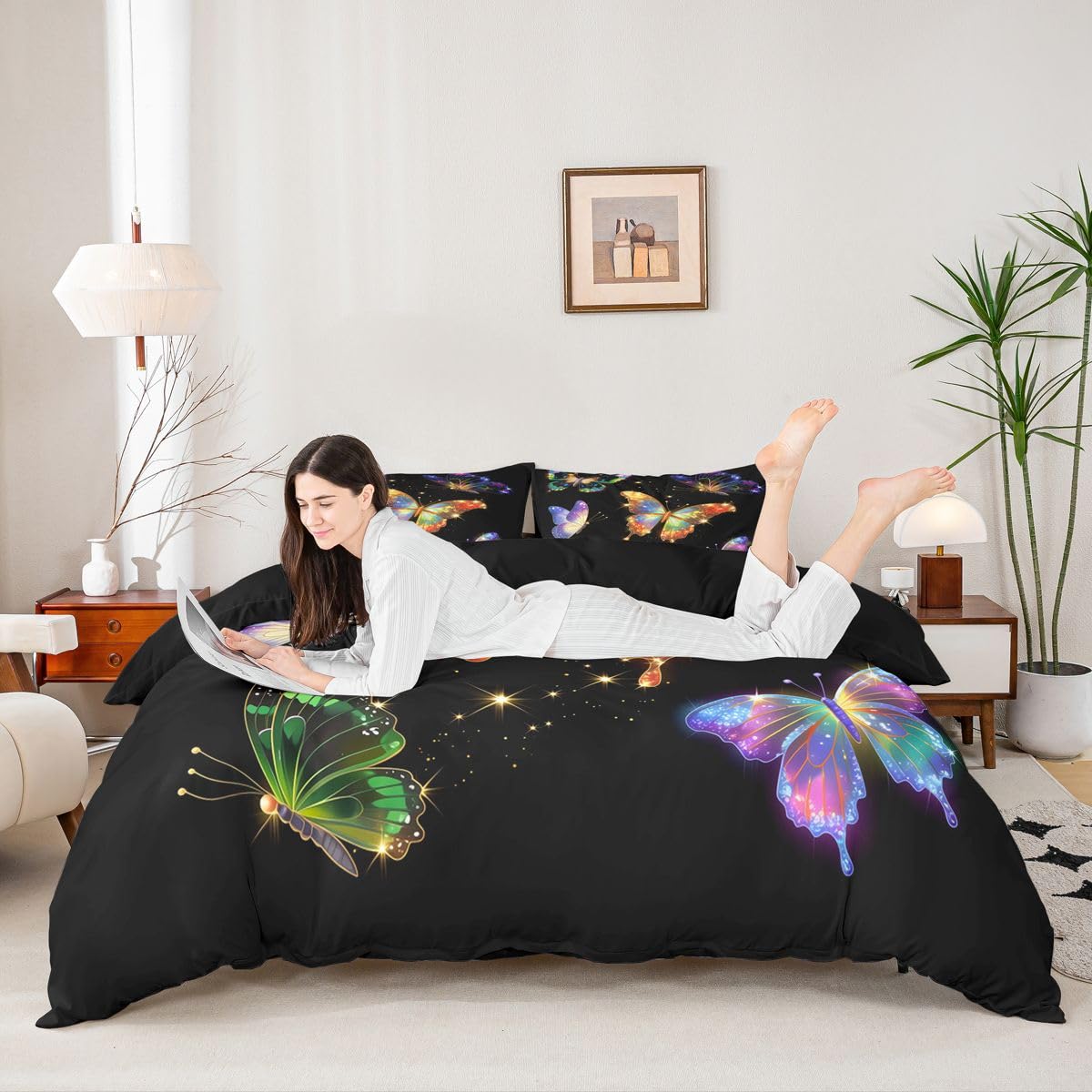 Homewish Set copripiumino per letto super king size, con farfalle colorate e stelle scintillanti
