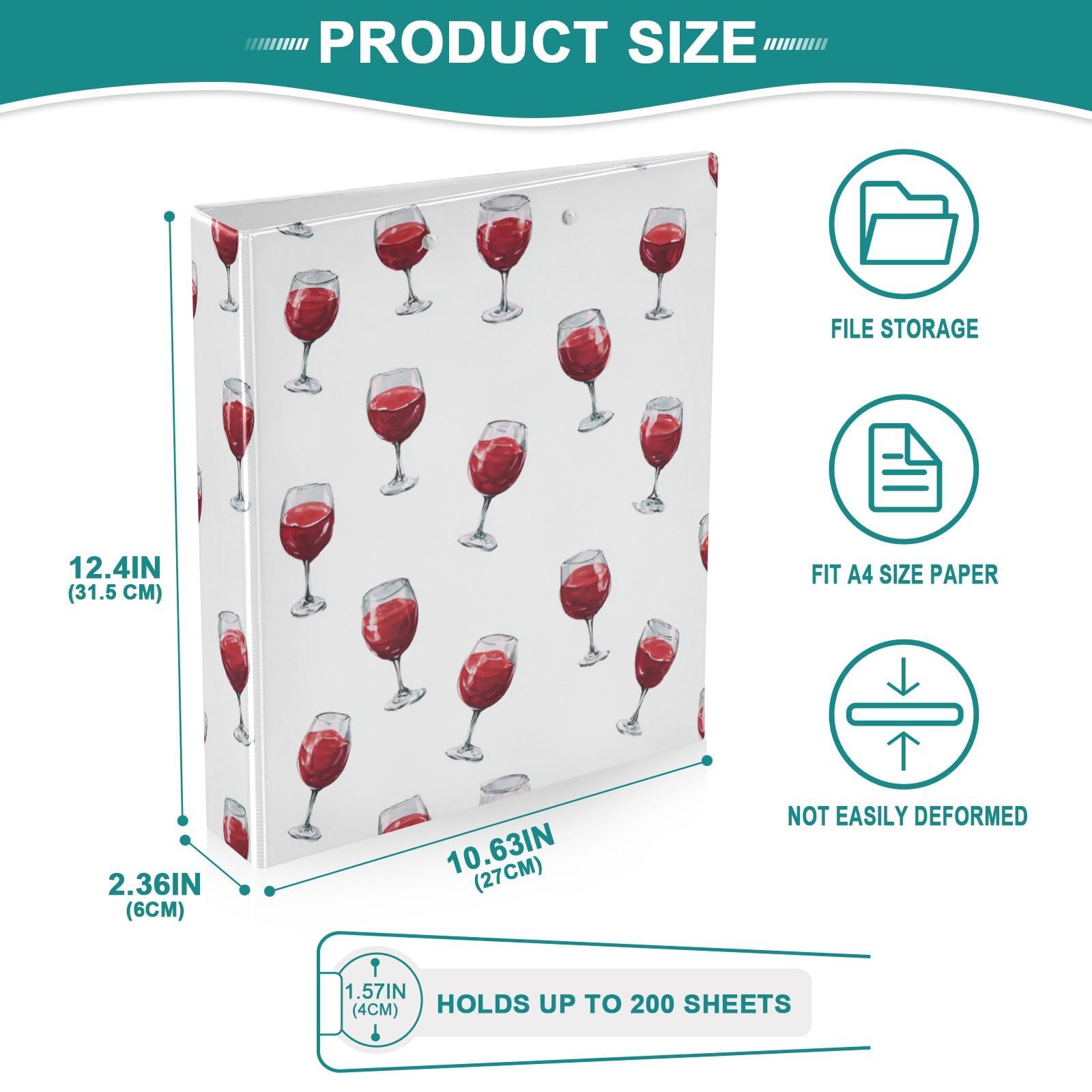 Kcldeci Raccoglitore a 3 anelli con copertina rigida, per bicchieri di vino rosso, 3,8 cm, 200 fogli, per ufficio, casa, rientro a scuola, confezione da 2