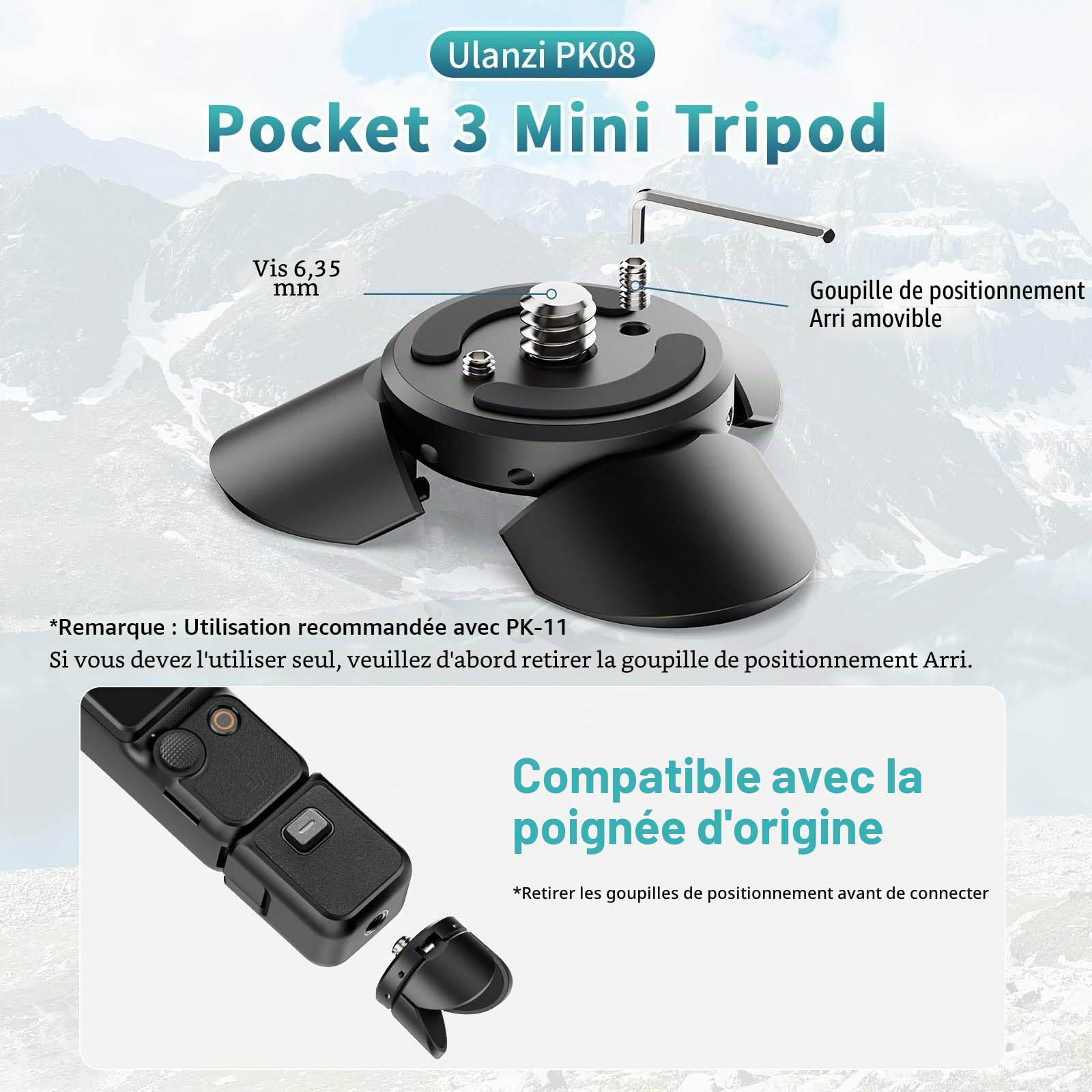 ULANZI Pocket 3 Mini kit trépied pour Accessoires DJI Osmo Pocket 3, connecteur de Charge Type-C avec Trou de vis 1/4, pour DJI Osmo Pocket 3, Smartphones, caméras d'action, Gimbals (PK-08 & PK-11)