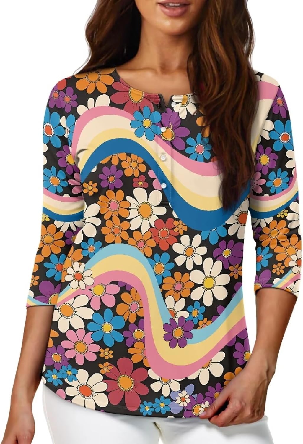 YEXIATODO Boat Neck Plus Size Tops for Women 3/4 Sleeve with Button Casual Trendy Cloth