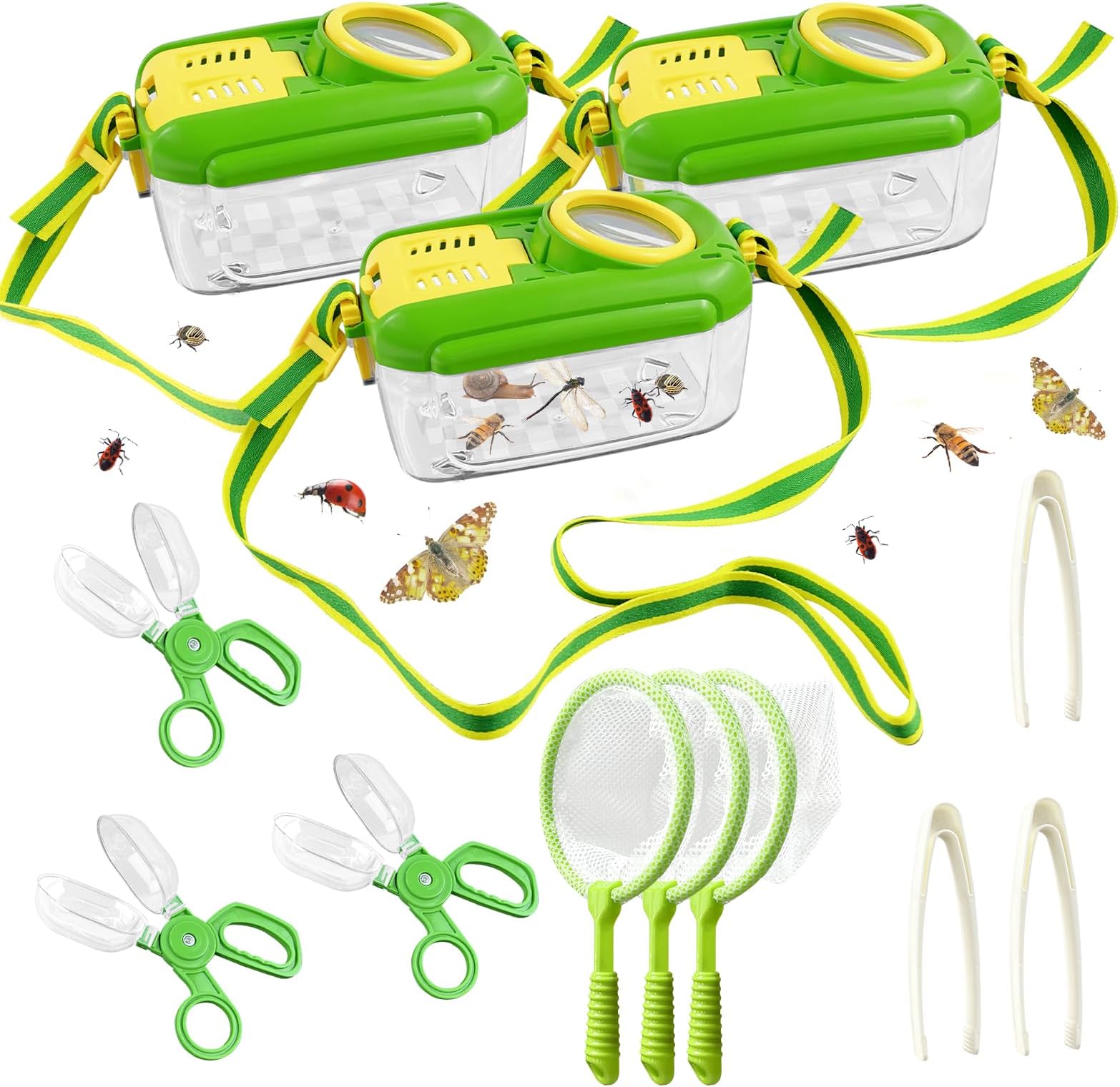 3 Sets Bug Catcher Kit for Kids Outdoor Exploration Kit Kid Summer Toys Nature Explorer Kit Bug Collection Kit with Insect Catcher Box, Butterfly Nets, Tweezers for Kids 3 4 5 6 7 8+ Years Old (Green)