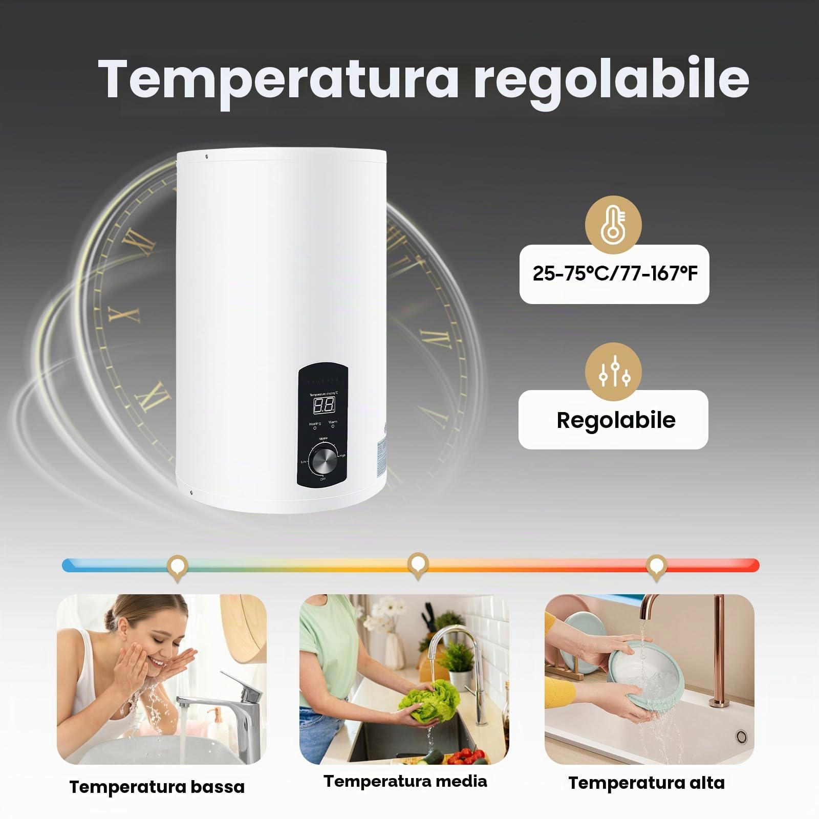 Contenitore elettrico per acqua calda, 50 L/100 L/120 l, 2000 W, caldaia elettrica, intelligente, funzionamento digitale, per bagno, lavello della cucina (bianco, 50 l)