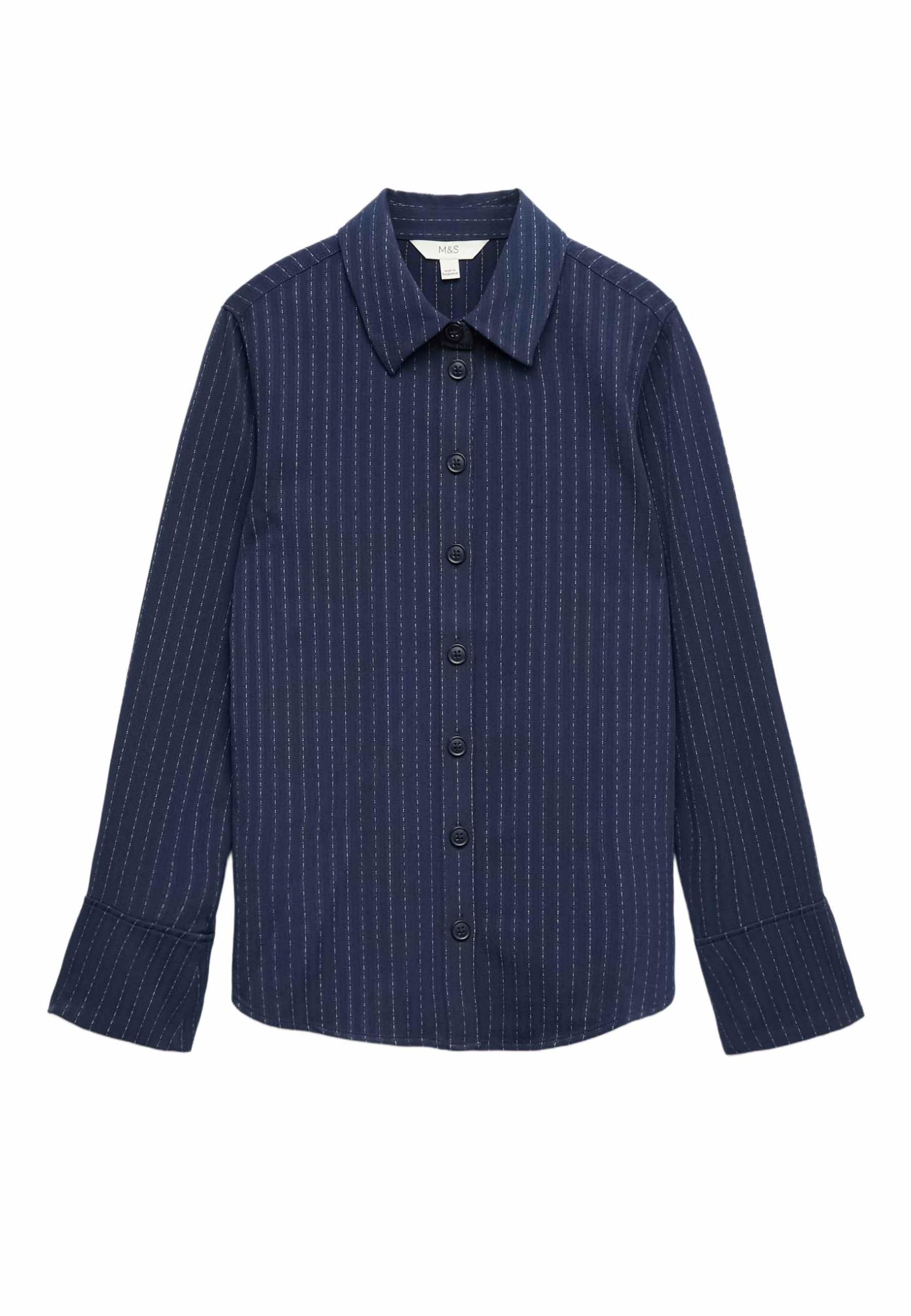 Marks & Spencer Donna Aderente Gessato Colletto Camicia – con Stretch – con Bottoni – Wide Polsini