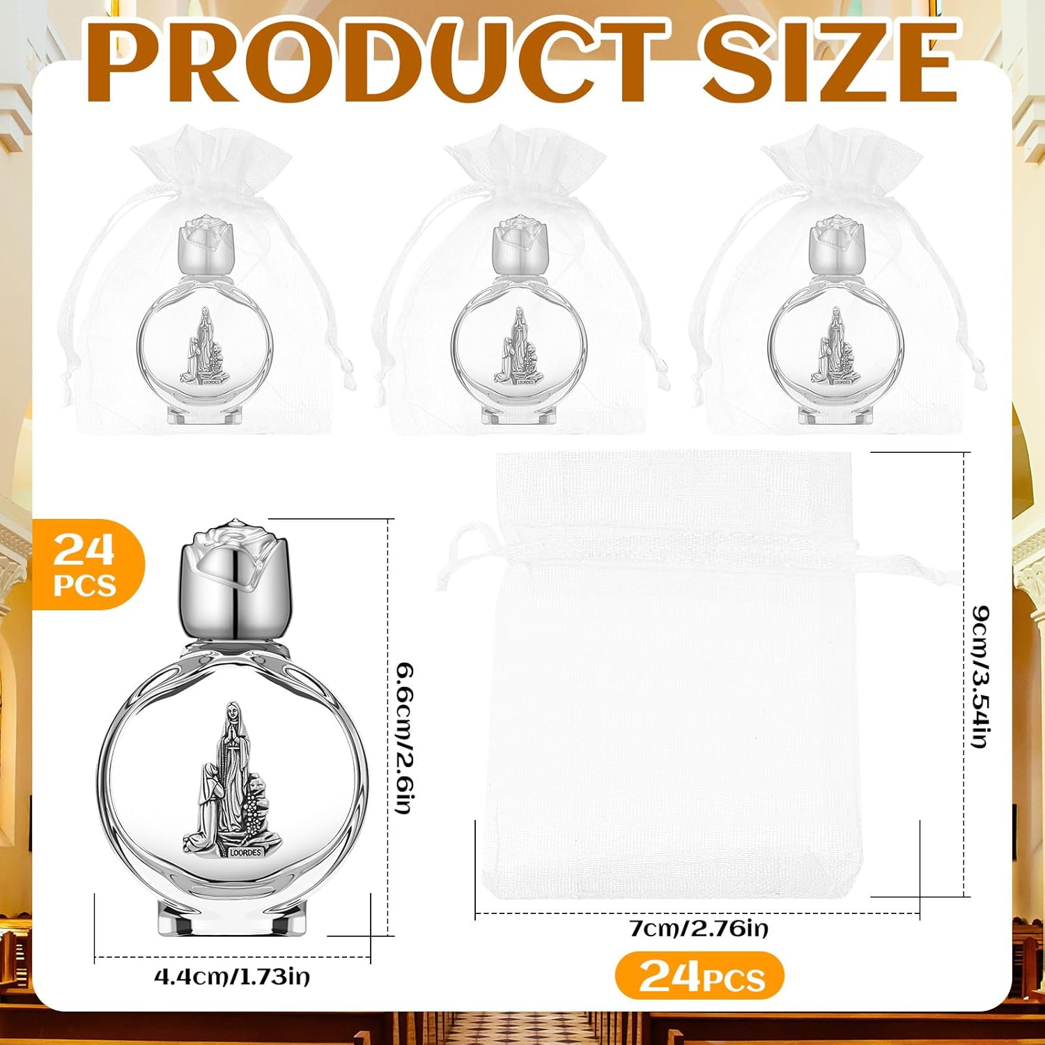 24 Set Catholic Holy Water Bottles Bulk 0.5 oz /15 ml Our Lady of Lourdes Embossed Bags Glass Empty Holy Water Bottle for Baptism Favors Guests Communion Gifts Family Church Wedding (Silver)