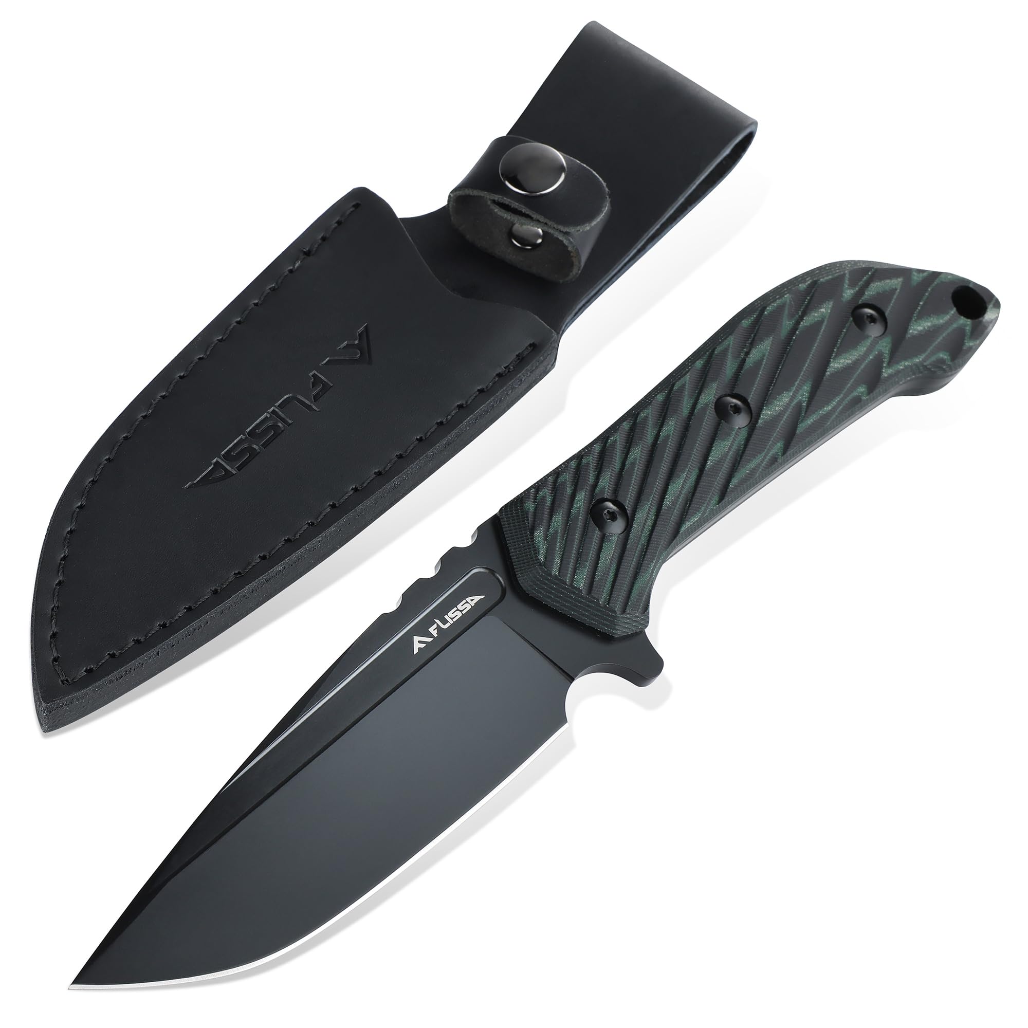 FLISSA Survival Hunting Knife, 10-inch Full Tang Fixed Blade Tactical Knife with Leather Sheath, D2 Steel Blade, Micarta Handle for Outdoor Activities