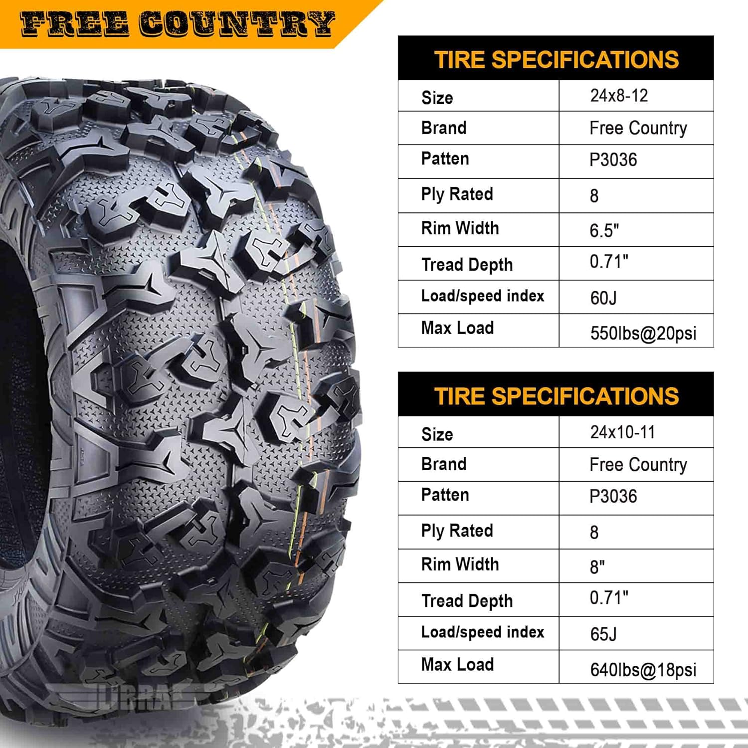 Free Country 8PR Premium ATV Tires 24x8x12 & 24x10x11 Fit 04-20 Honda FOURTRAX RANCHER AT