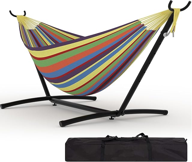 Hamaca Doble Antivuelco con Soporte de Acero Robusto, Altura Regulable, Gran Capacidad, Tela Transpirable Plegable con Bolsa de Transporte para Jardín, Balcón, Camping Interior y Exterior | Tejido transpirable de 320 g, anillo de metal reforzado, ajuste de 6 niveles, marco de acero grueso, estructura antivuelco
