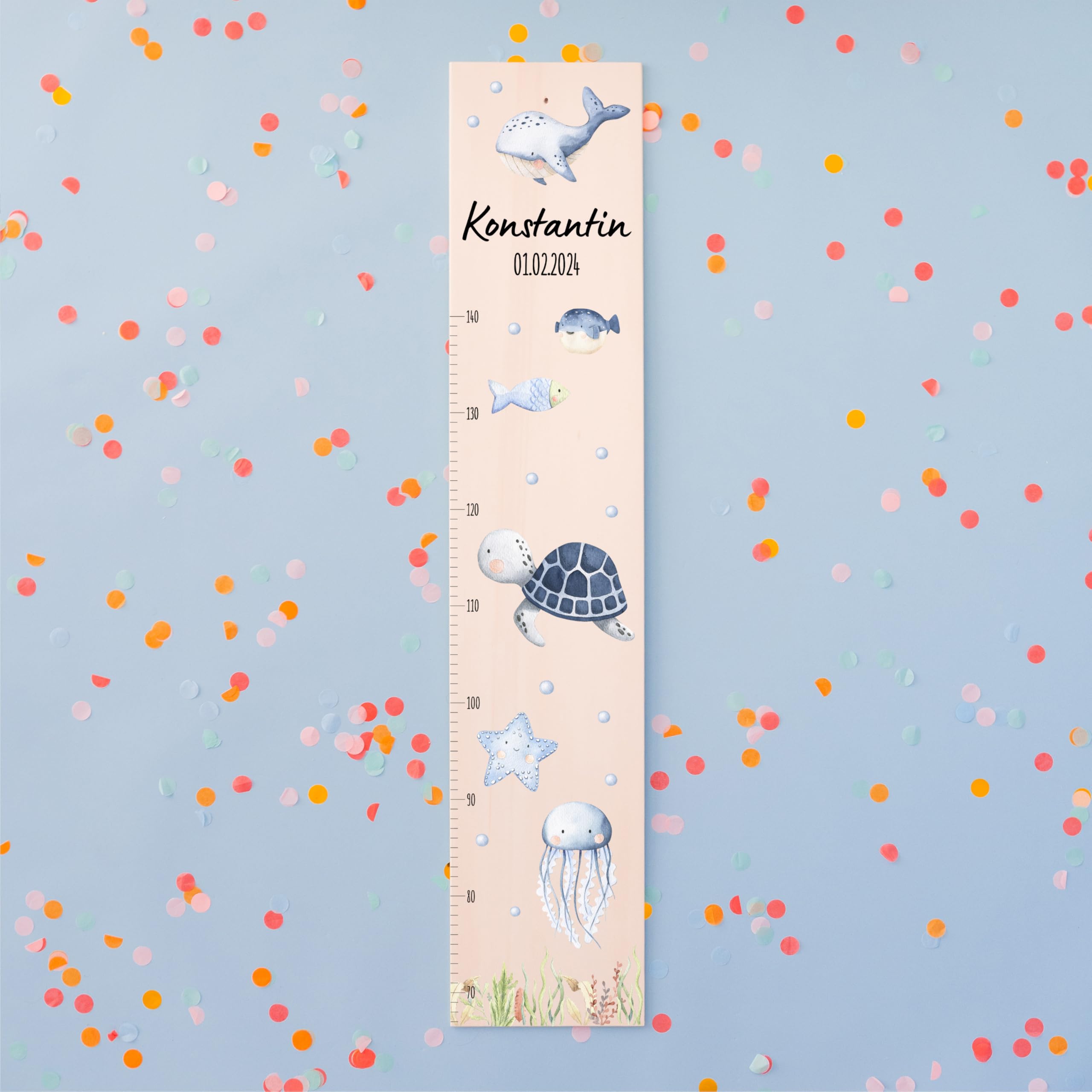 Bärenfreunde® - Personalisierte Messlatte Kind Holz zum Kleben oder Aufhängen - Skala 70-140cm - Süße Dekoration für Baby- & Kleinkinderzimmer (Kinder 70-140cm, Schildkröte blau)