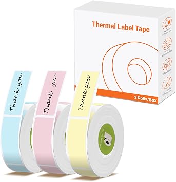 Rongta R5 Label Maker Tape, 14x40mm 0.55"x1.57", Standard Laminated Thermal Label Tape Replacement, for Home Office Small Business, 180 Labels/Roll Pink/Blue/Yellow, 3 Rolls