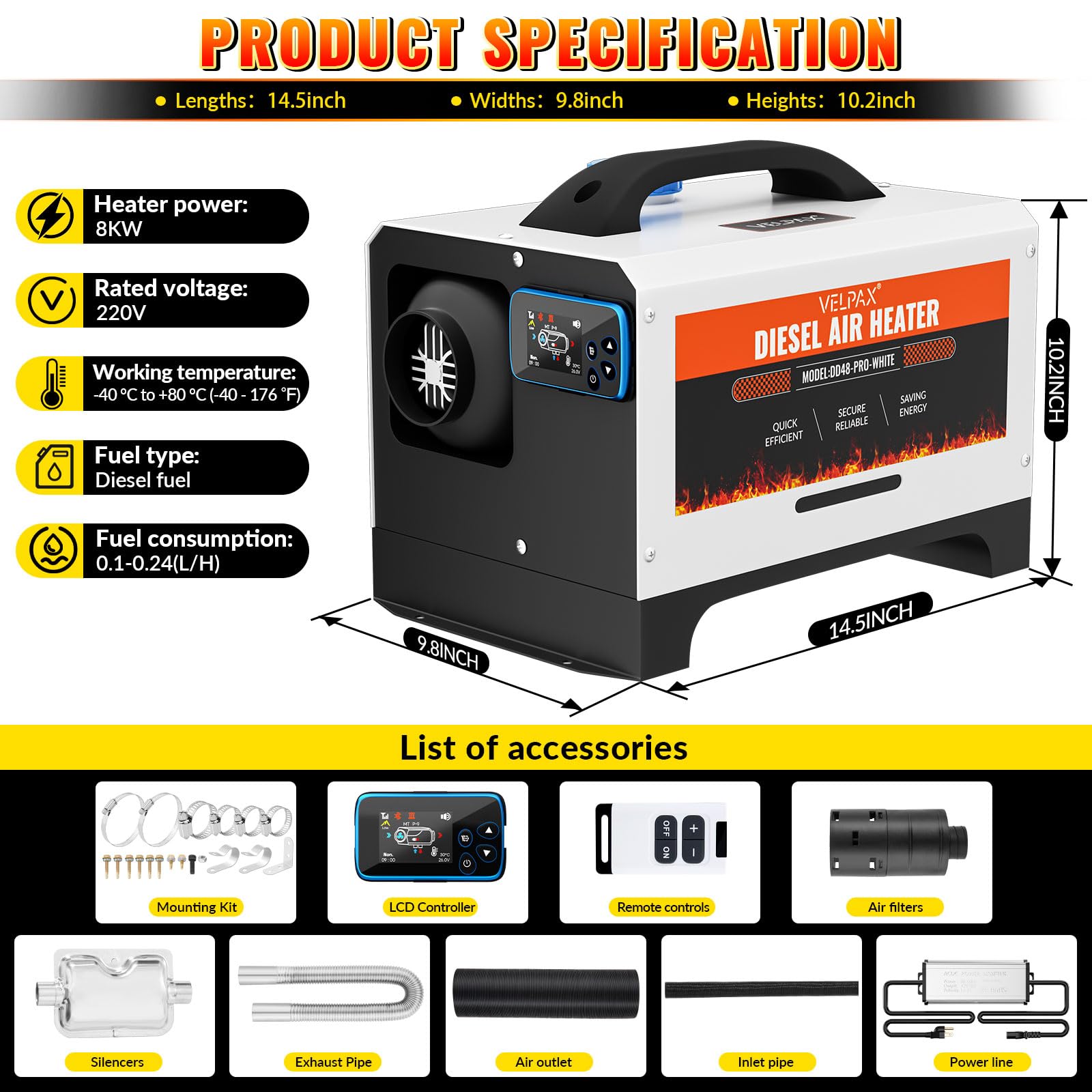 VELPAX Calentador Diésel Portátil Todo en Uno 12 V 24V 220V 8KW,Bluetooth App Calentador de Aire Diesel 0,16-0,52 L/h LCD de Control Remoto,Adecuado para Autocaravanas,Coches,Camiones,Autobuses