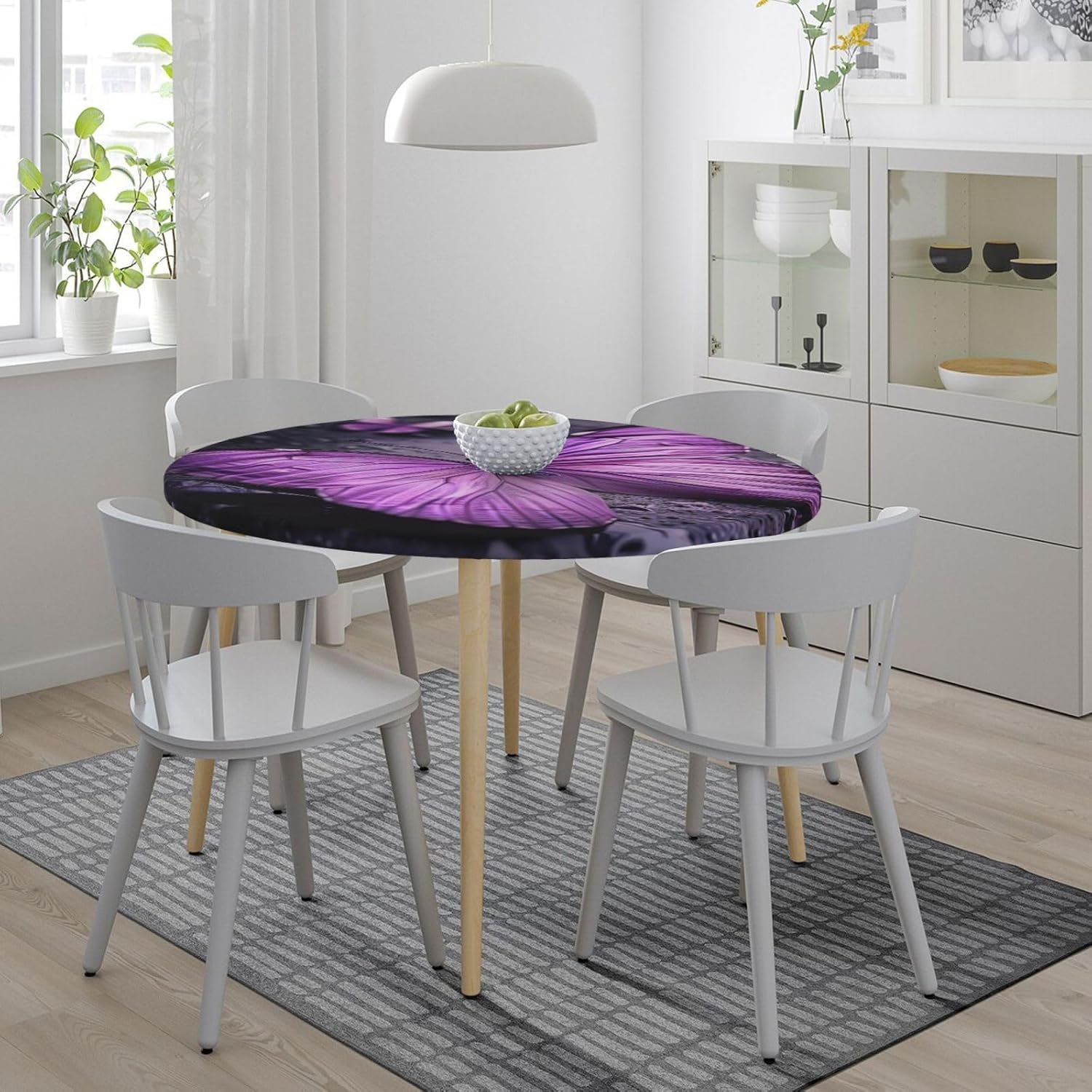 Purple Butterfly Print Outdoor Patio Kitchen Decor Supplies Wipeable Round Table Cloth for Indoor Outdoor
