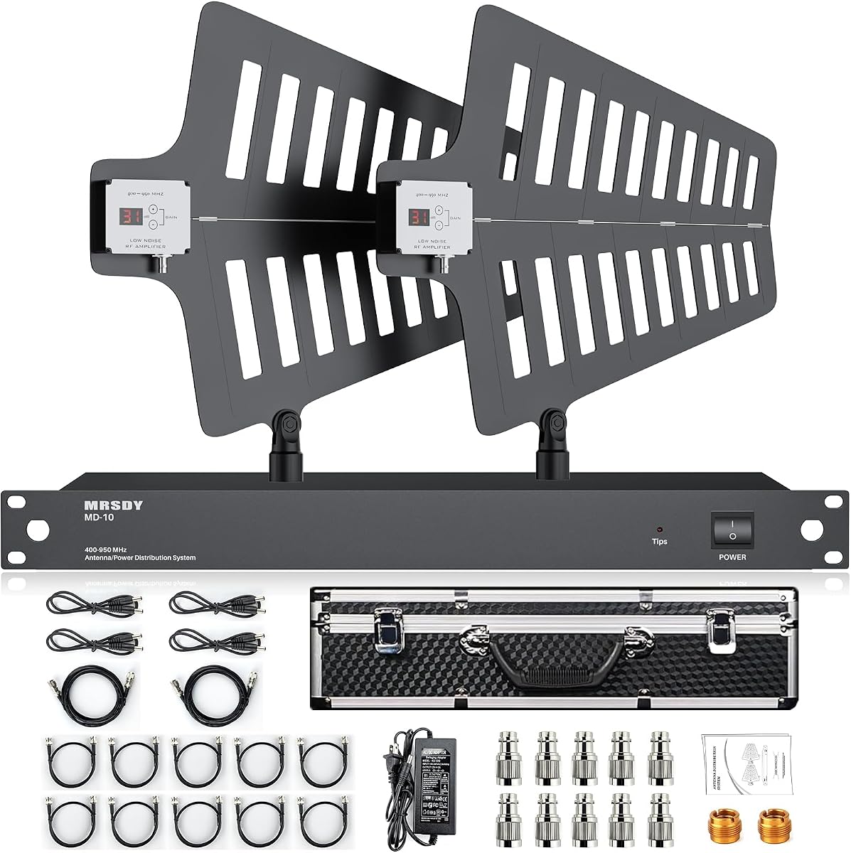 MRSDY MD-10 UHF Wireless Antenna Distribution System, Wireless Microphone Signal Amplifier, Gain Adjustment Active Antenna Paddles, 8 Outputs + 2 Cascade Ports, Covers 400-950MHz Frequency Range | Gain Adjustment Active Antenna Paddles, 8 Outputs + 2 Cascade Ports, Covers 400-950MHz Frequency, for Stage and Live Shows