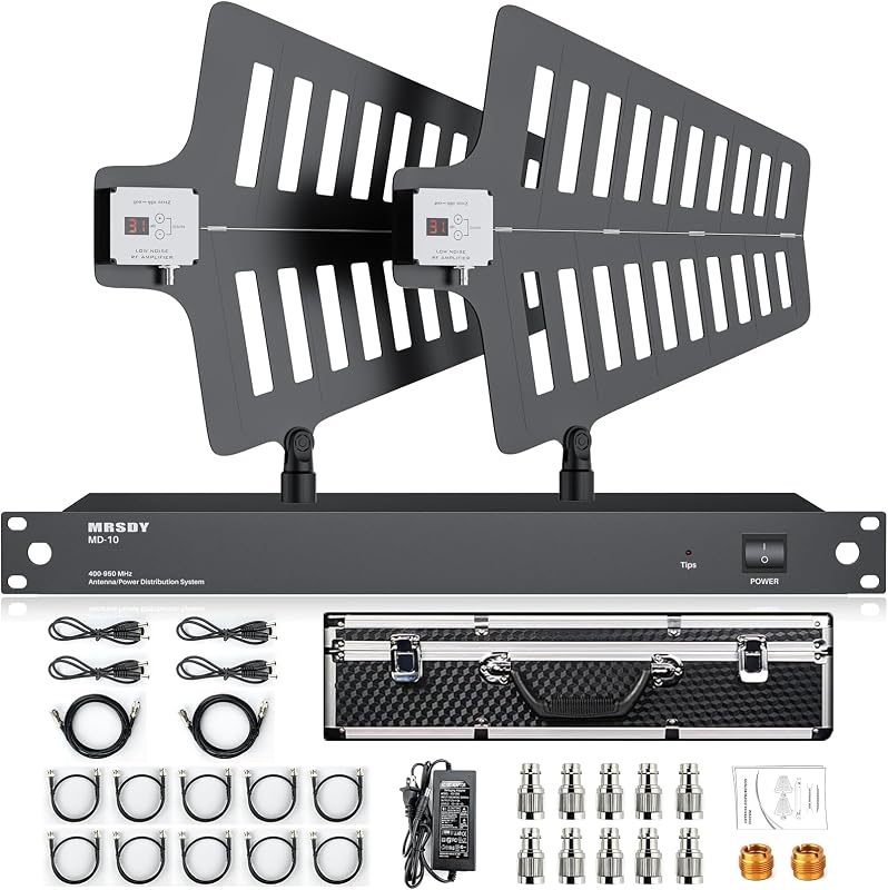 MRSDY MD-10 UHF Wireless Antenna Distribution System, Wireless Microphone Signal Amplifier, Gain Adjustment Active Antenna Paddles, 8 Outputs + 2 Cascade Ports, Covers 400-950MHz Frequency Range | Gain Adjustment Active Antenna Paddles, 8 Outputs + 2 Cascade Ports, Covers 400-950MHz Frequency, for Stage and Live Shows