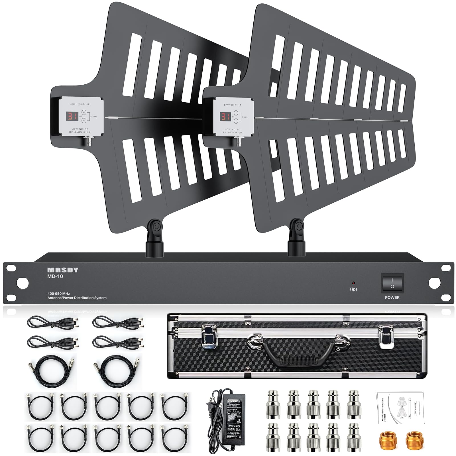 MRSDY MD-10 UHF Wireless Antenna Distribution System, Amplificatore di Segnale Microfono Senza Fili Regolazione del Guadagno Paddle Antenna Attiva, 8 Uscite + 2 Porte Cascata, Coperture Gamma di