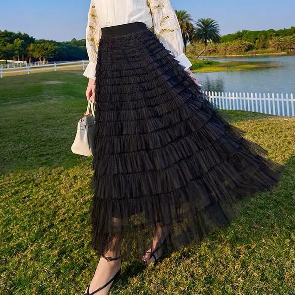 Flygo Women's Long Maxi Tulle Skirts A Line Ruffle High Waisted Tiered Layered Mesh Tutu Skirt Petticoat - Image 3