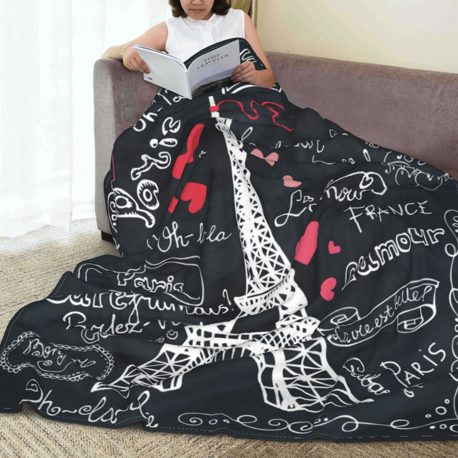 Paris Tower narzuta koc pluszowy koc polarowy miękki przytulny ciepły lekki koc na sofę kanapę łóżko 202 cm x 152 cm