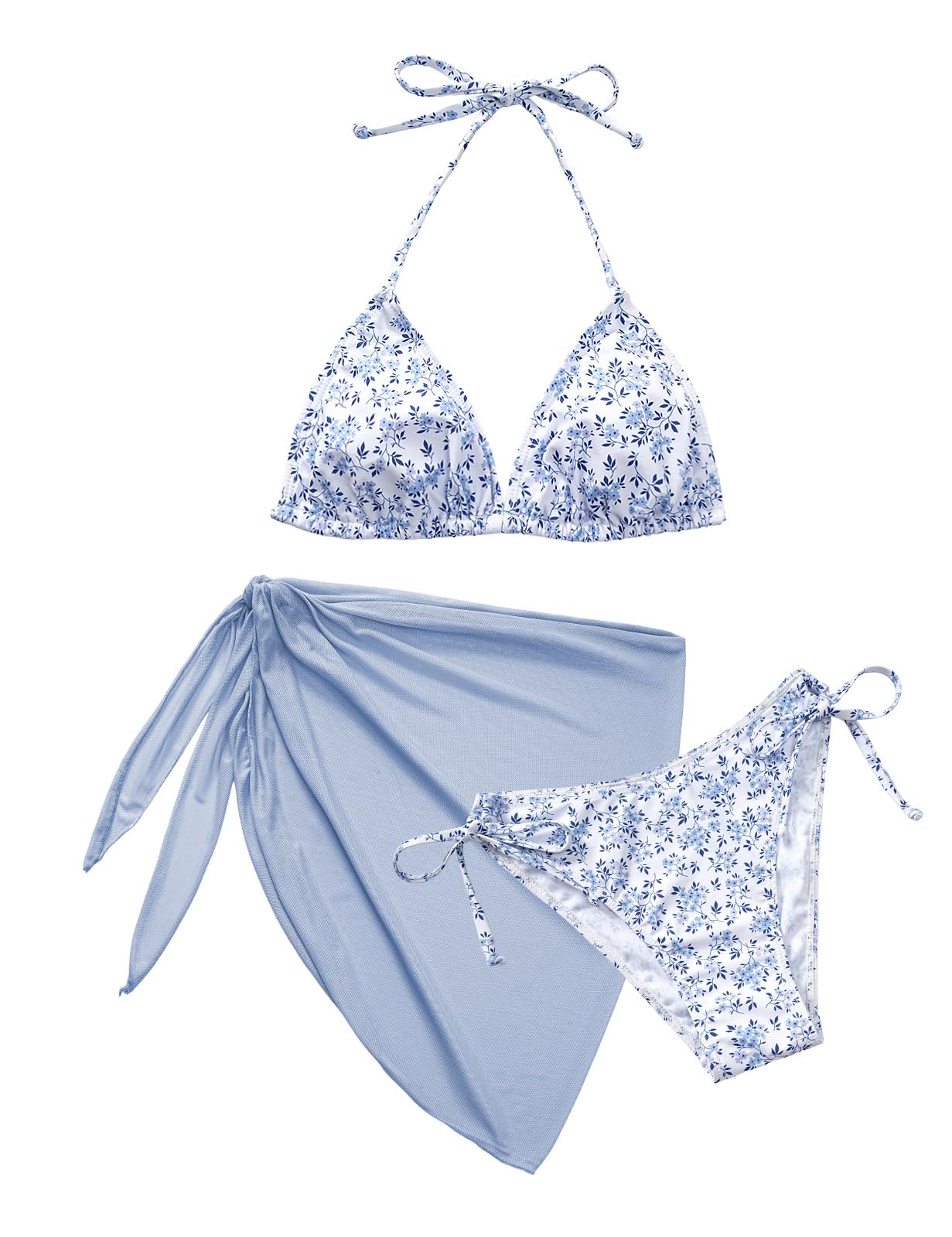 Maillot De Bain Femme 3 Pieces Push Up Rembourré Sexy Halter Triangle Bikini Maillots Trois PièCe Ajustable Swimsuit Sexy Col V Chic Et Elegant avec Jupe