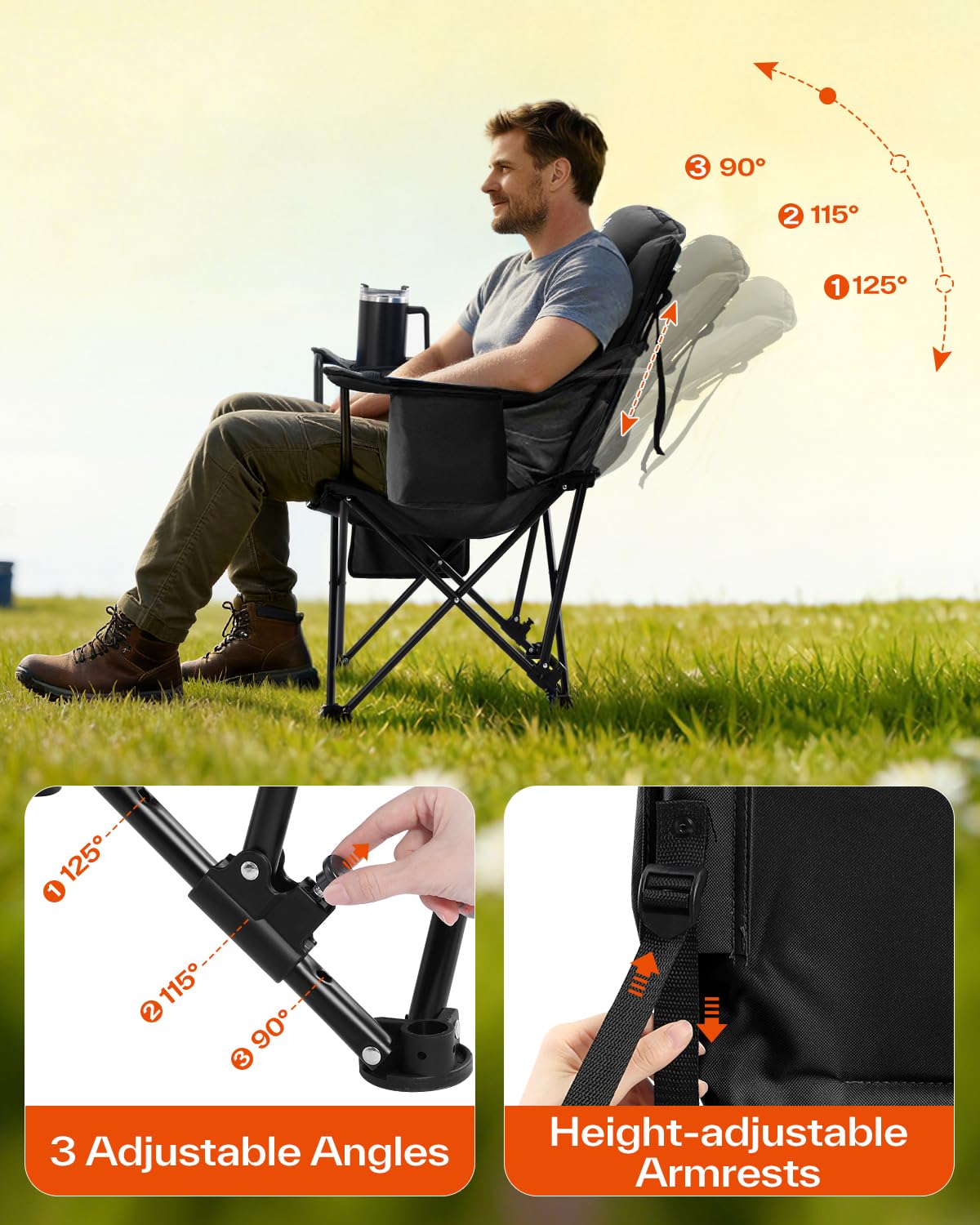 Sportneer Campingstuhl Faltbar Klappstuhl: Angelstuhl bis 160kg 3 Verstellbar Winkel Camping Stuhl mit Rückenlehne Kopfstütze Tragetasche, Strandstuhl für Garten Balkon Outdoor