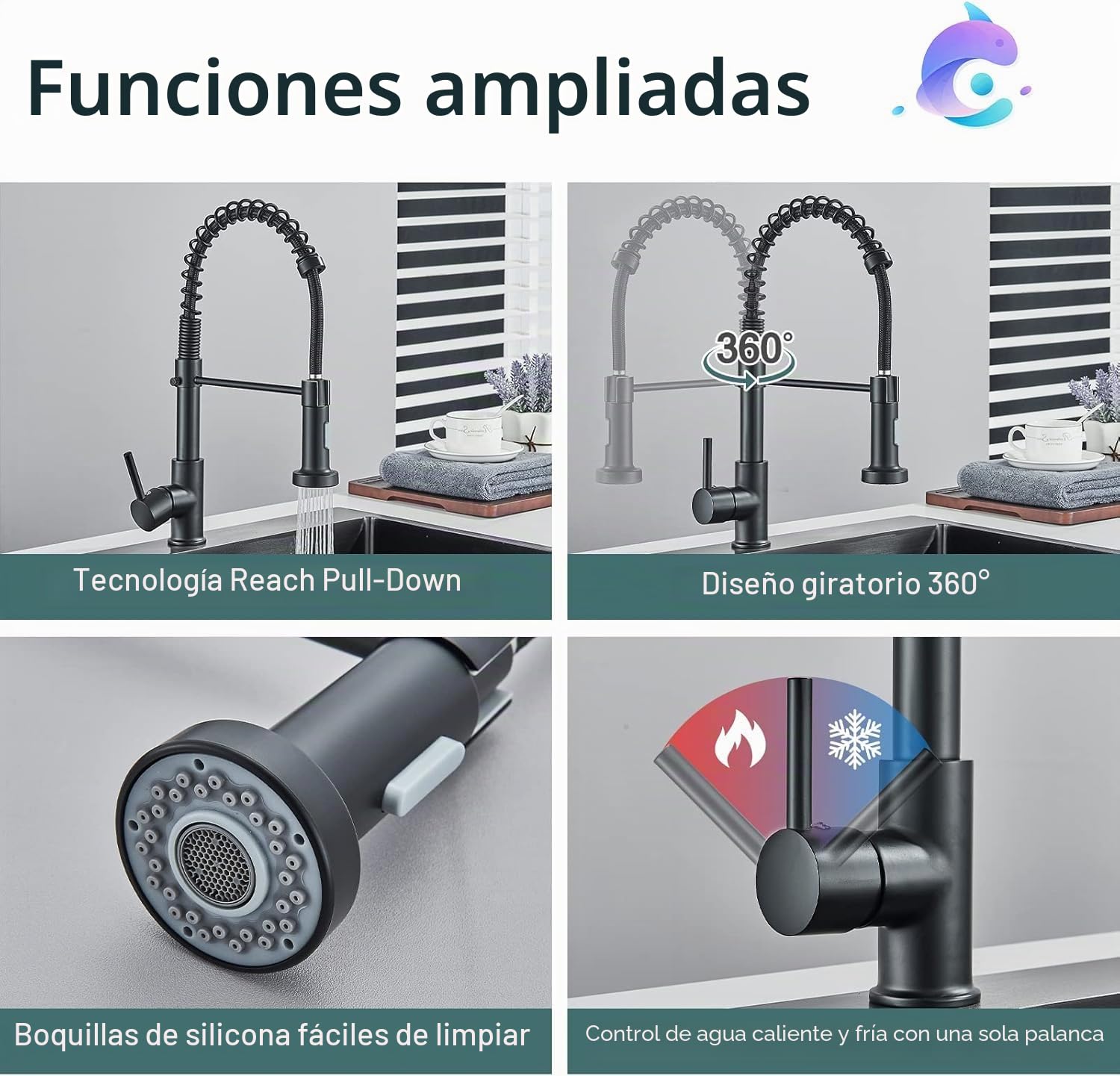 Grifo de cocina negro con pulverizador dual giratorio 360°, grifo de cocina con grifo de ducha retráctil