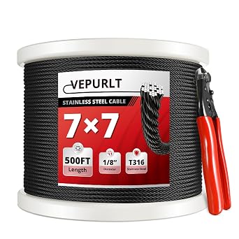 500FT 1/8" Black Stainless Steel Cable, 7x7 Strands Wire Rope Aircraft Cable for Deck Cable Railing System Kit, with a Cutter
