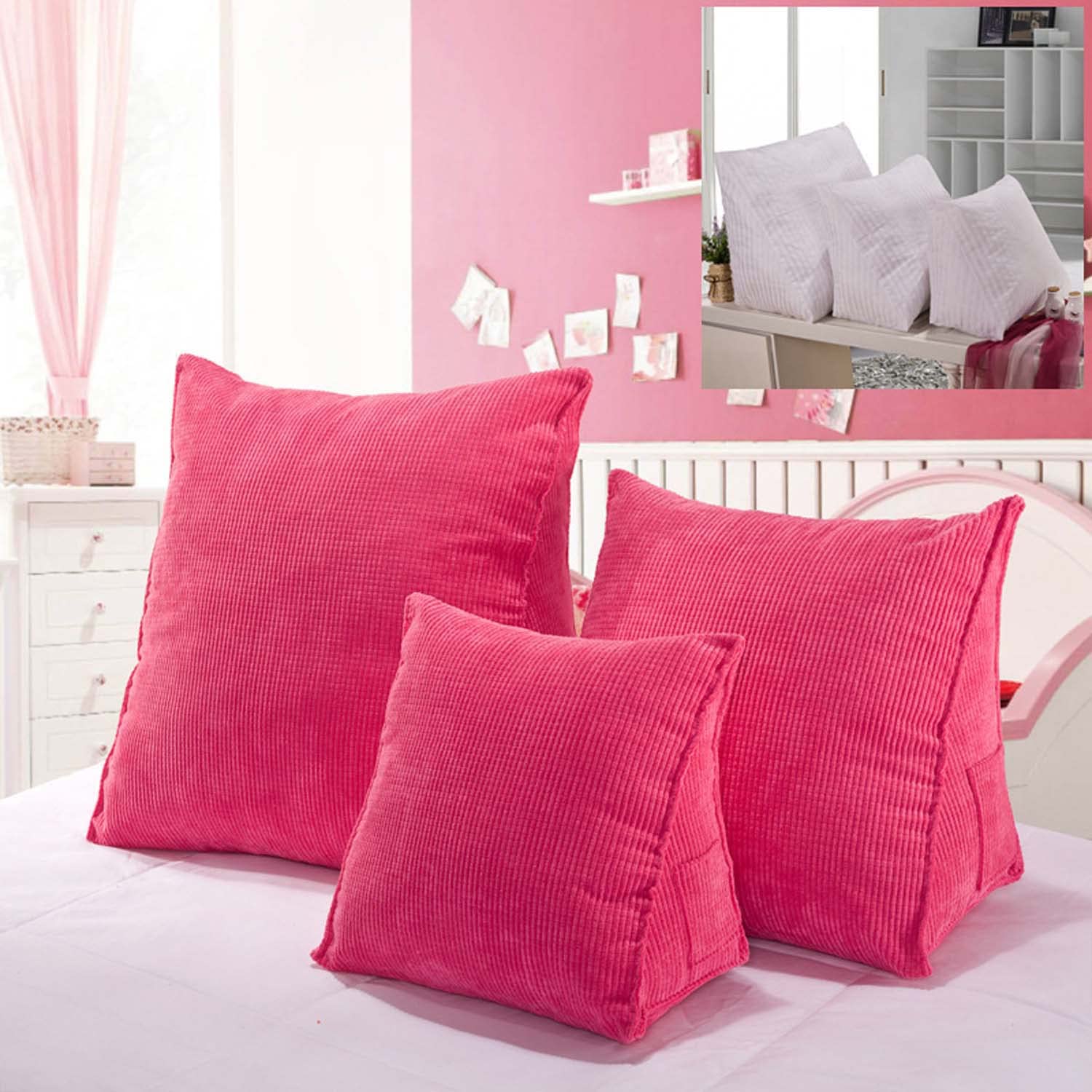 Yanman Rose Wedge Reading Pillow Corduroy Triangular Backrest Cushion, Headboard Backrest Bolster Pillow, Sofa Bed Daybed Lumber Positioning Rest Reading Cushion