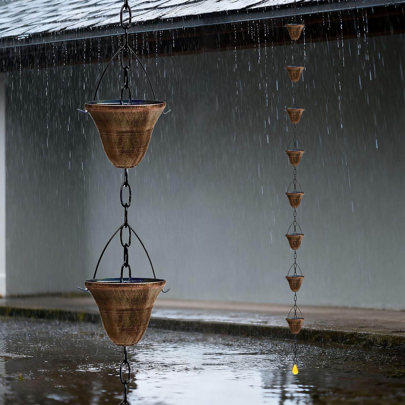Cadena de lluvia decorativa con 5 elegantes vasos para terraza de jardín y drenaje de tejado, 121,5 cm, cadena de lluvia de metal