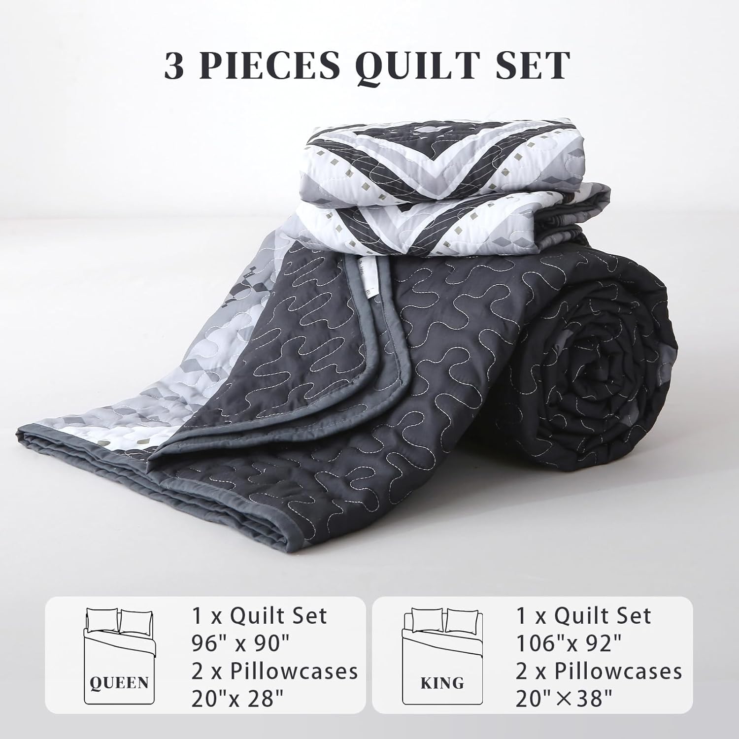 Boho Quilt Set Queen Size, Aztec Texture Coverlet Black Bedspread Bohemian Bed Cover, Western Coverlet Microfiber Soft Lightweight Bedding Sets for All Seasons (96"×90")